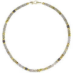 Rutilated Quartz, Diamond, Oxidized Silver and 14 Karat Gold Beaded Necklace