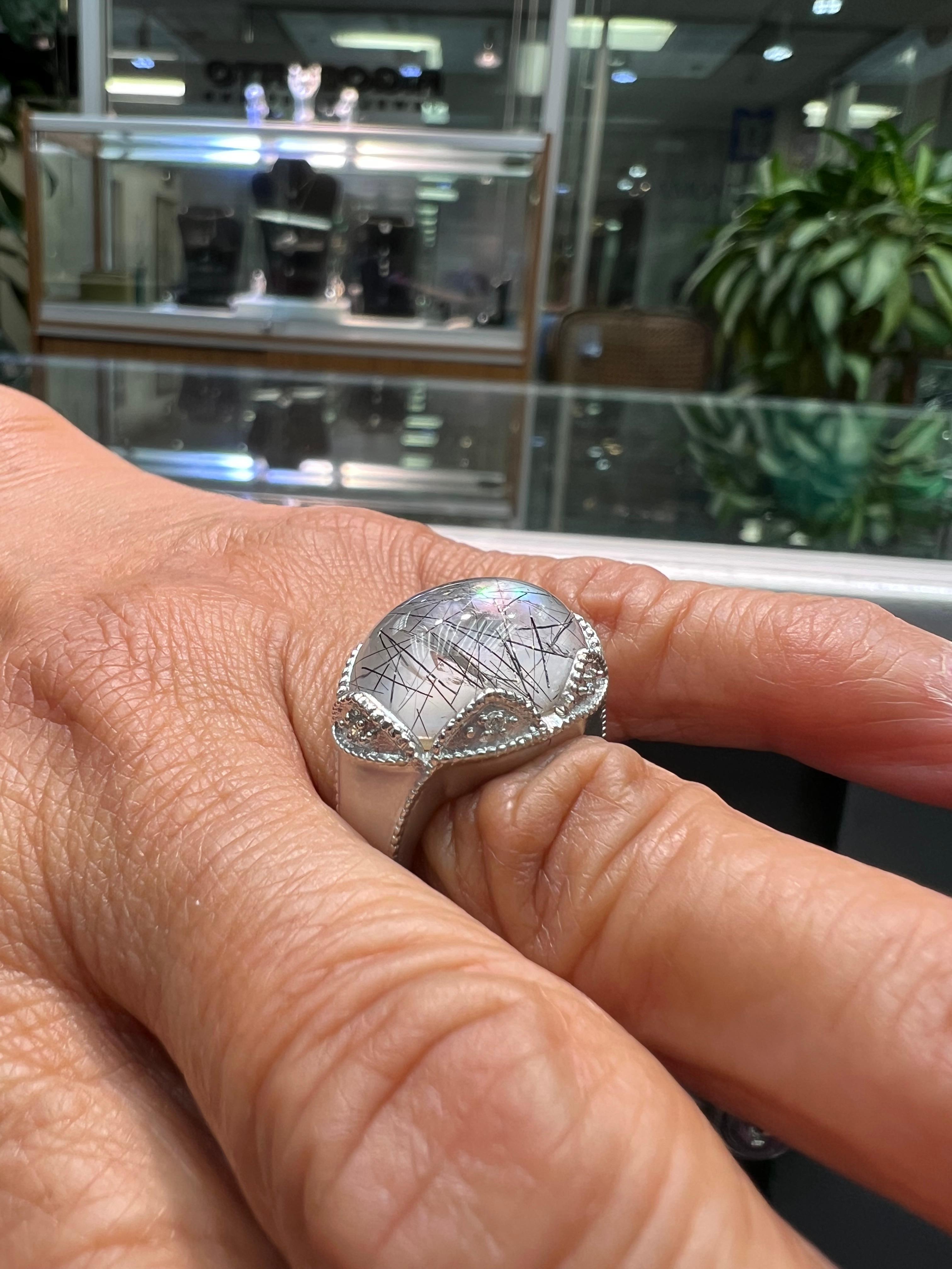 Contemporary Rutilated Quartz Diamond White Gold Ring For Sale