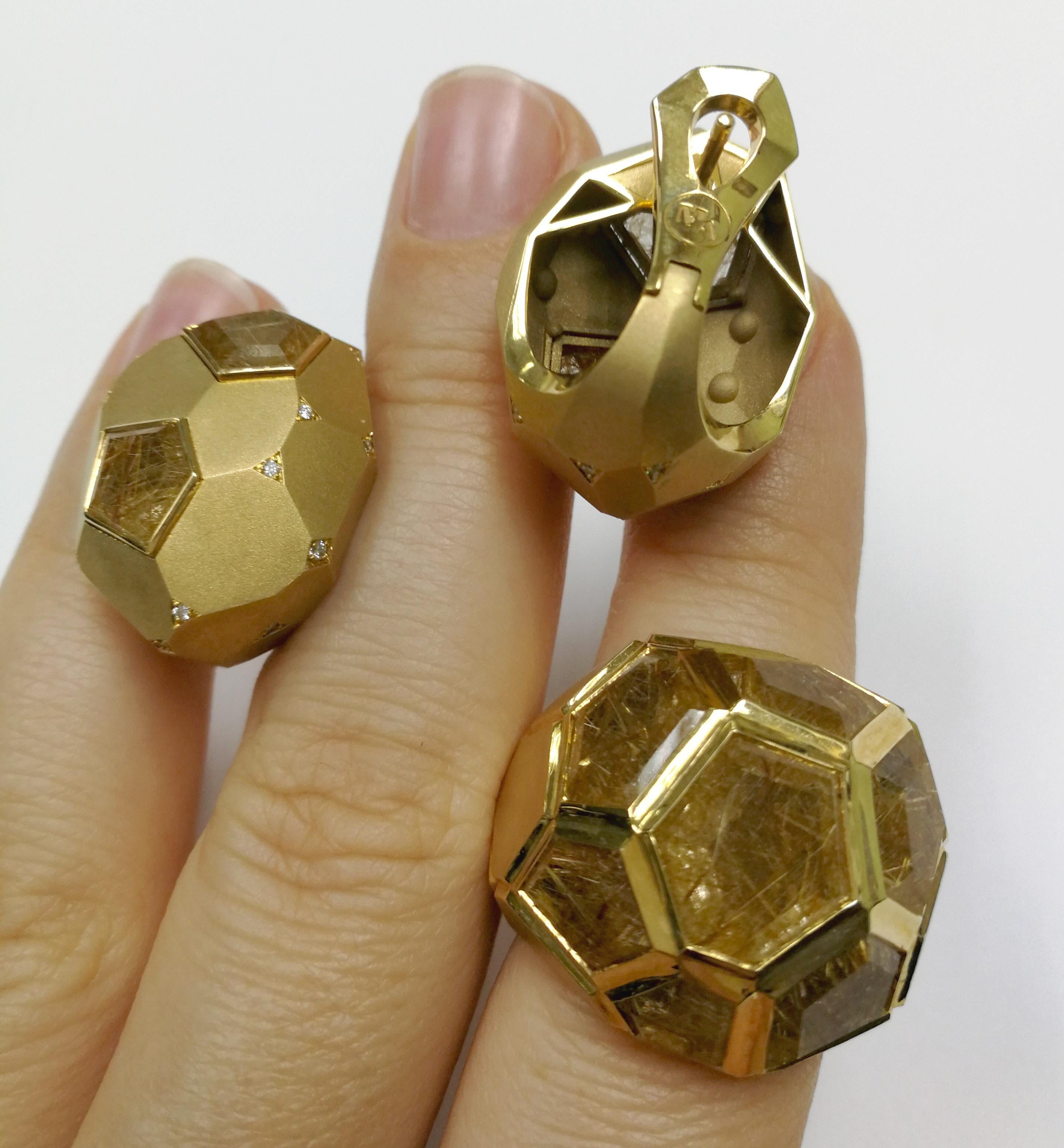 Rutilated Quartz Diamonds 18 Karat Yellow Gold Geometry Suite For Sale 1