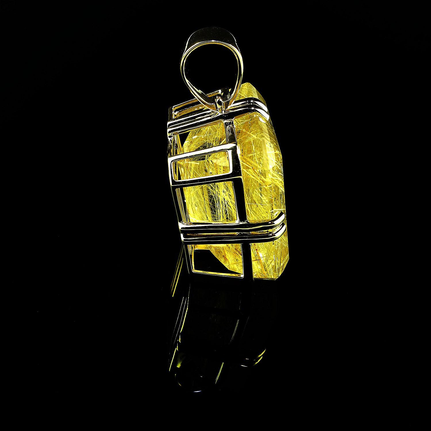 AJD Magnificent Huge Rutilated Quartz in Yellow Gold Pendant In New Condition In Raleigh, NC