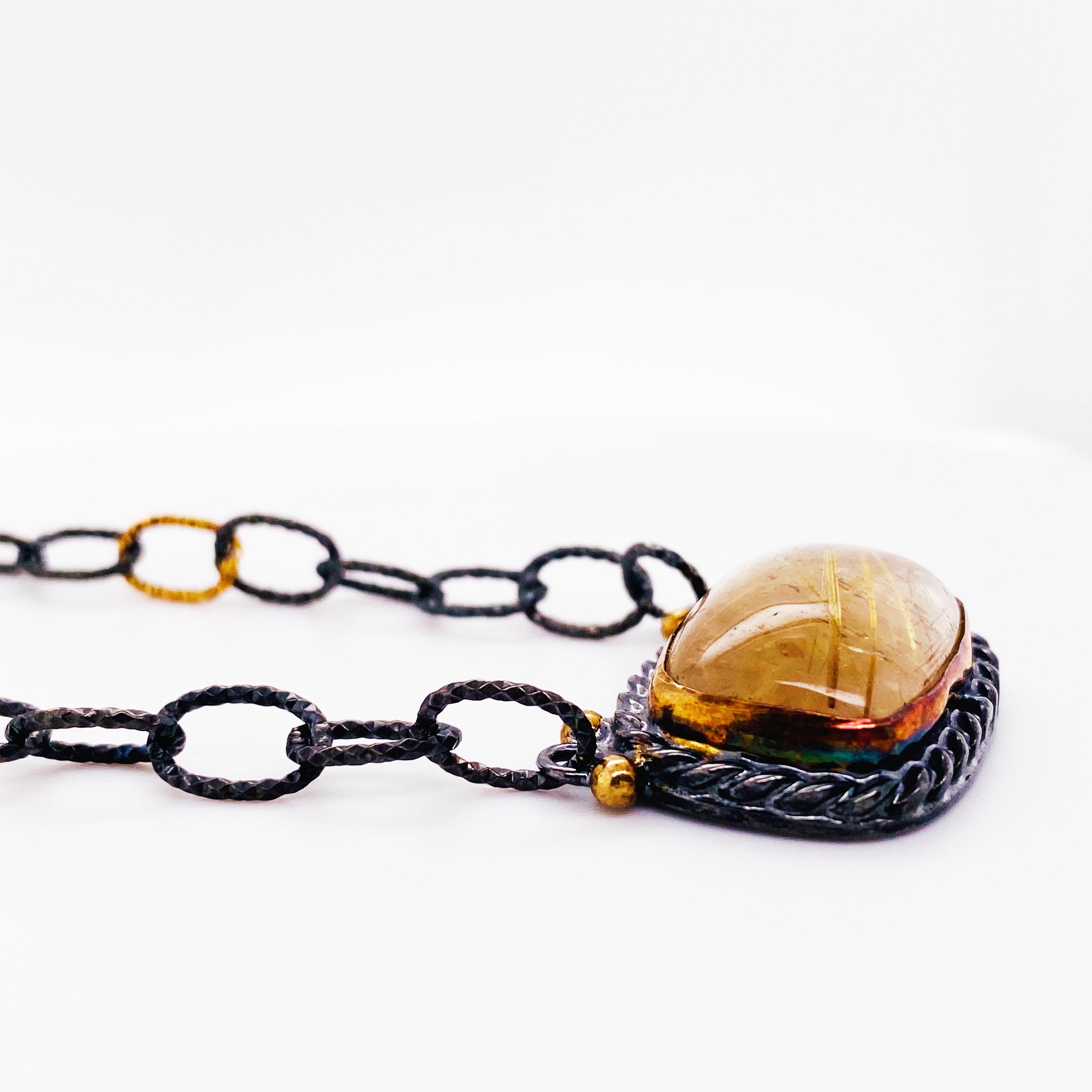 Arts and Crafts Rutilated Quartz Necklace Designer on Oxidized Sterling and Gold Chain For Sale