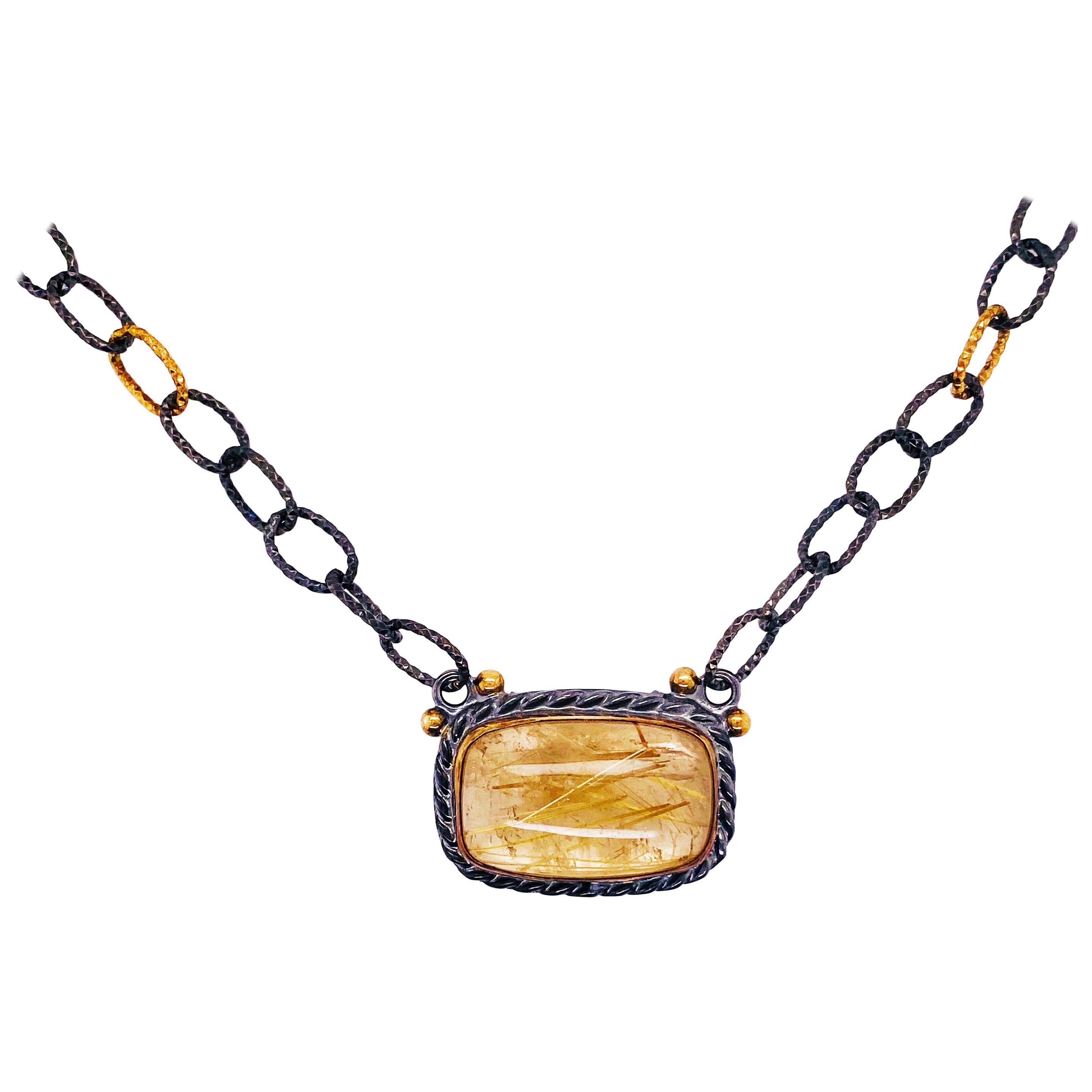 Rutilated Quartz Necklace Designer on Oxidized Sterling and Gold Chain