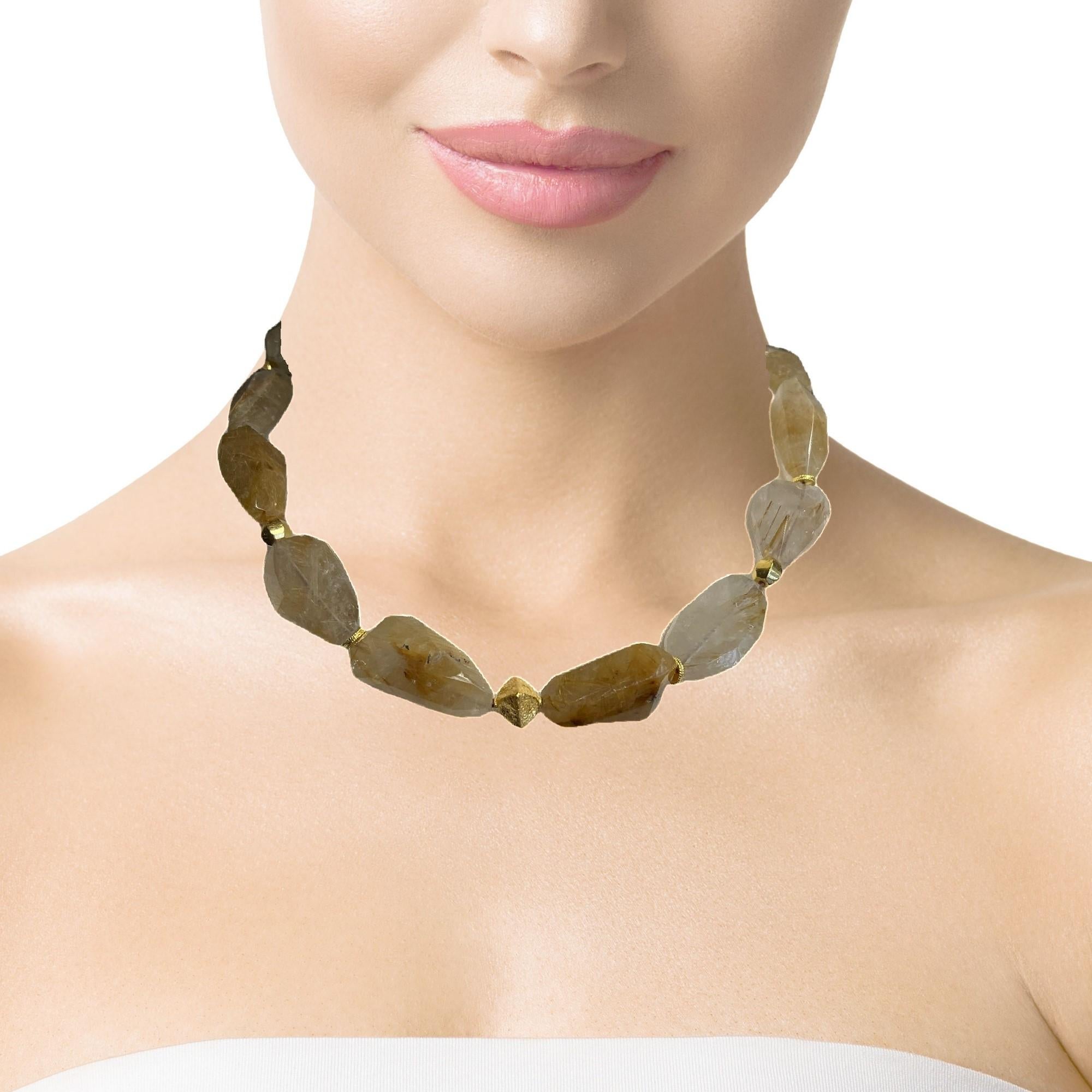 Nekclace en perles de quartz rutile avec accents en or jaune, 18 pouces en vente 3