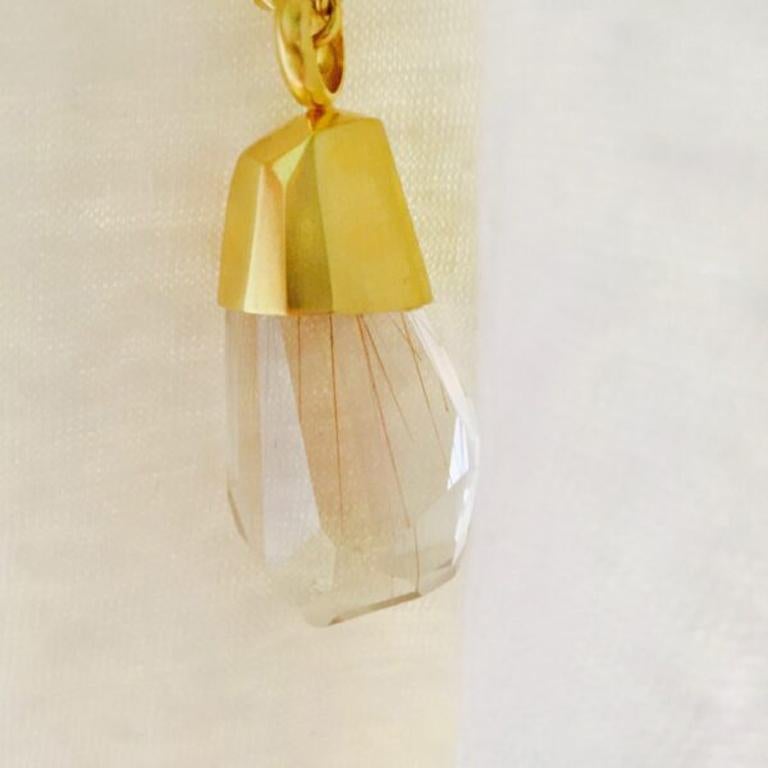 Rough Cut Rutilated Quartz Pendant Necklace in 22k Gold For Sale