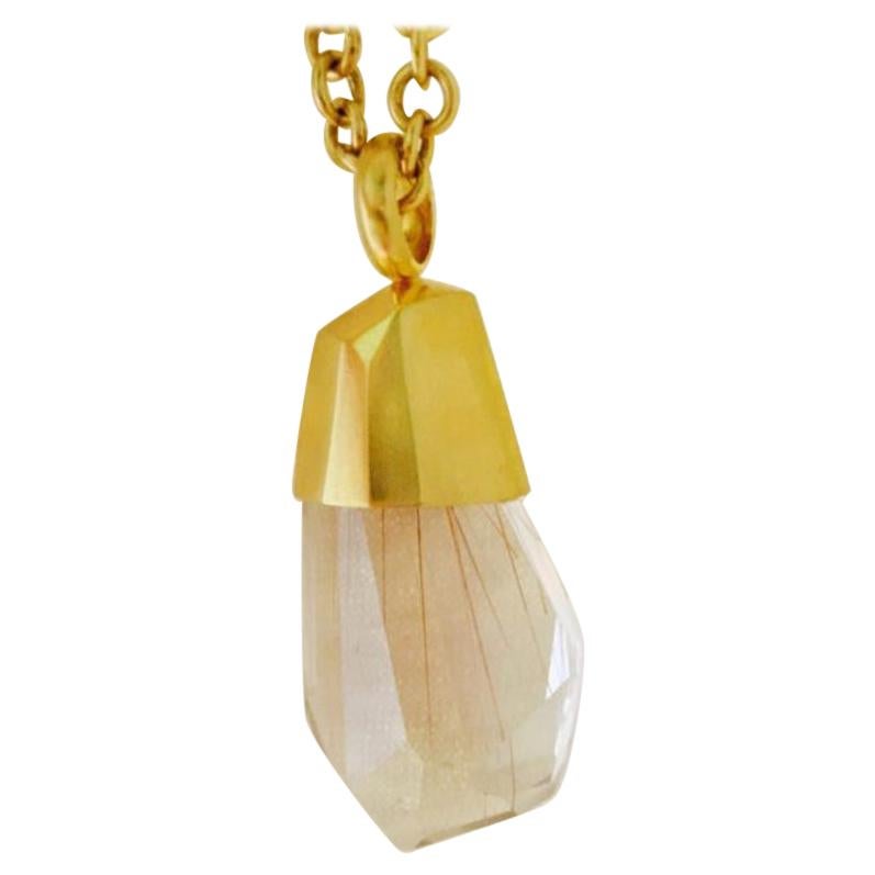 Rutilated Quartz Pendant Necklace in 22k Gold For Sale