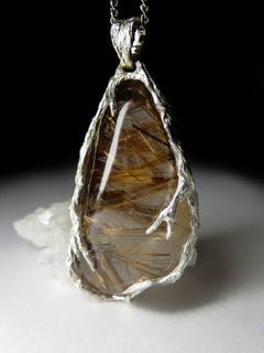 Rutilated Quartz Pendant Venus Hair Golden Inclusions Cabochon Unisex Necklace
