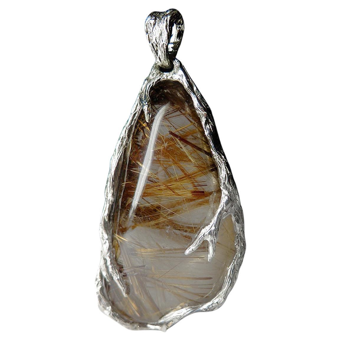 Rutilated Quartz Pendant Venus Hair Golden Inclusions Cabochon Unisex Necklace