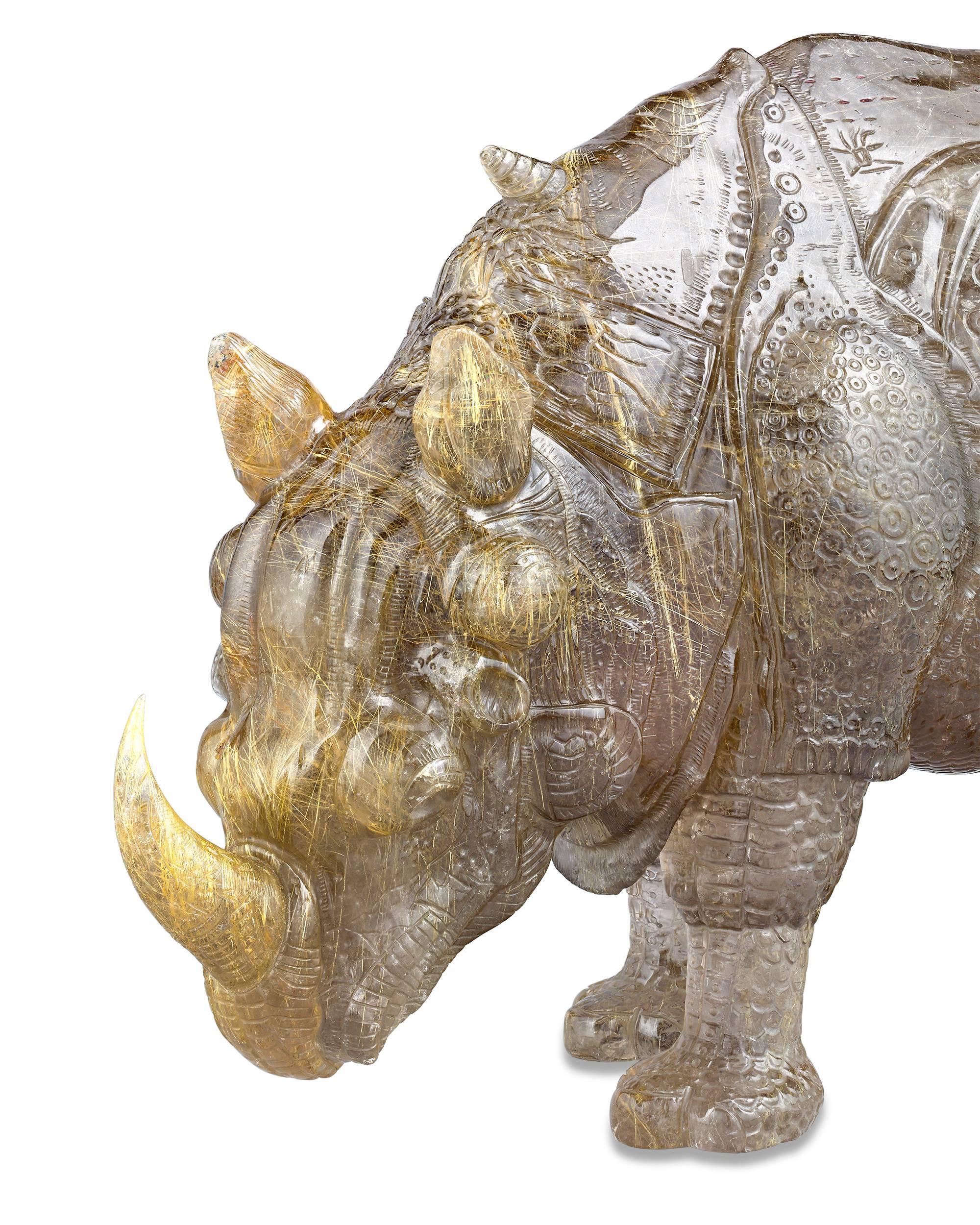 This solid piece of highly translucent rutilated quartz has been beautifully carved to depict a fantastical rhinoceros. The objet d’art was crafted by the famed jeweler and sculptor Andreas von Zadora-Gerlof, a man commonly regarded as America's