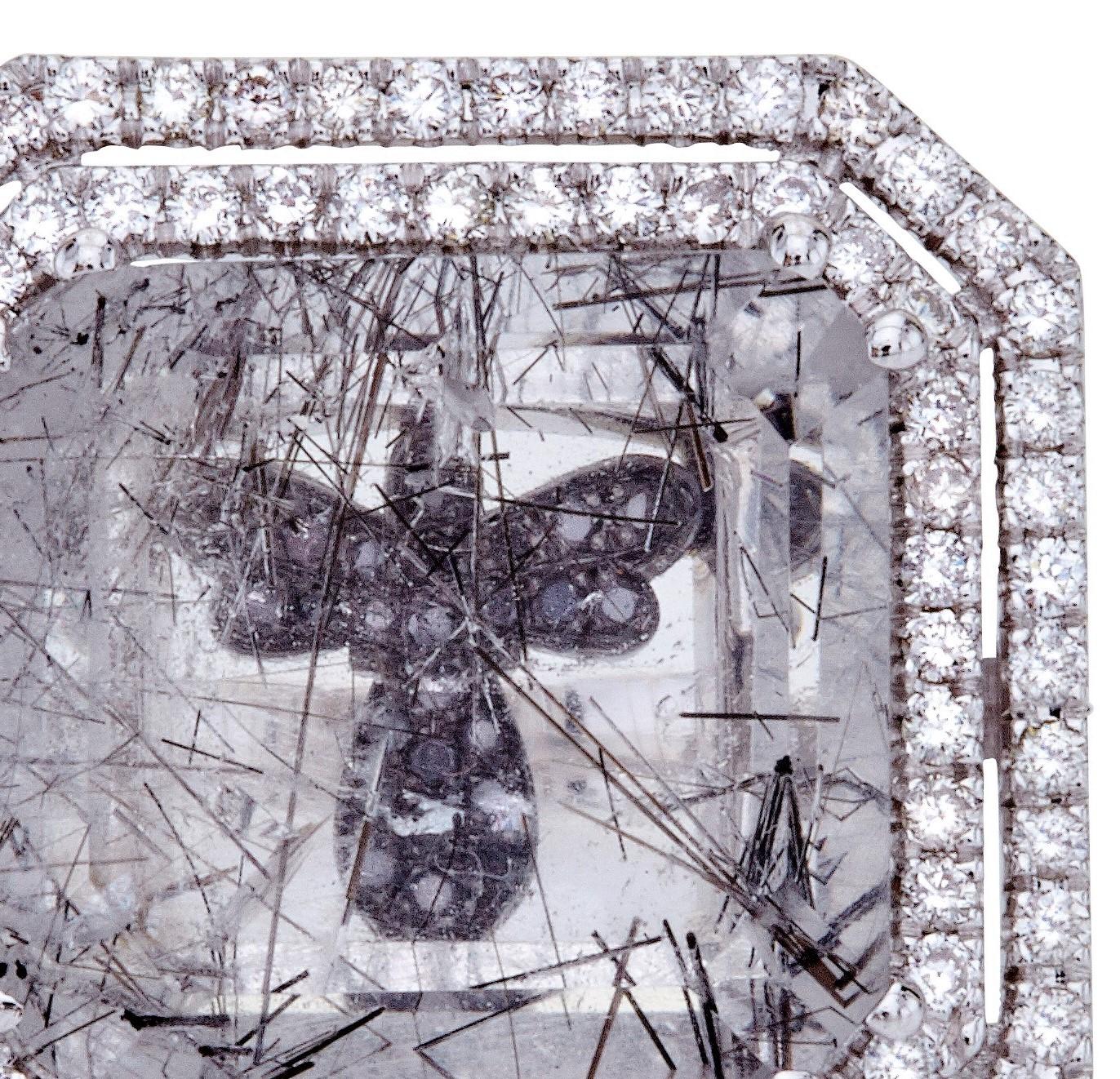Contemporary Rutilated Quartz Ring 18Kt White Gold with Diamonds Black Diamonds Hidden Angel For Sale