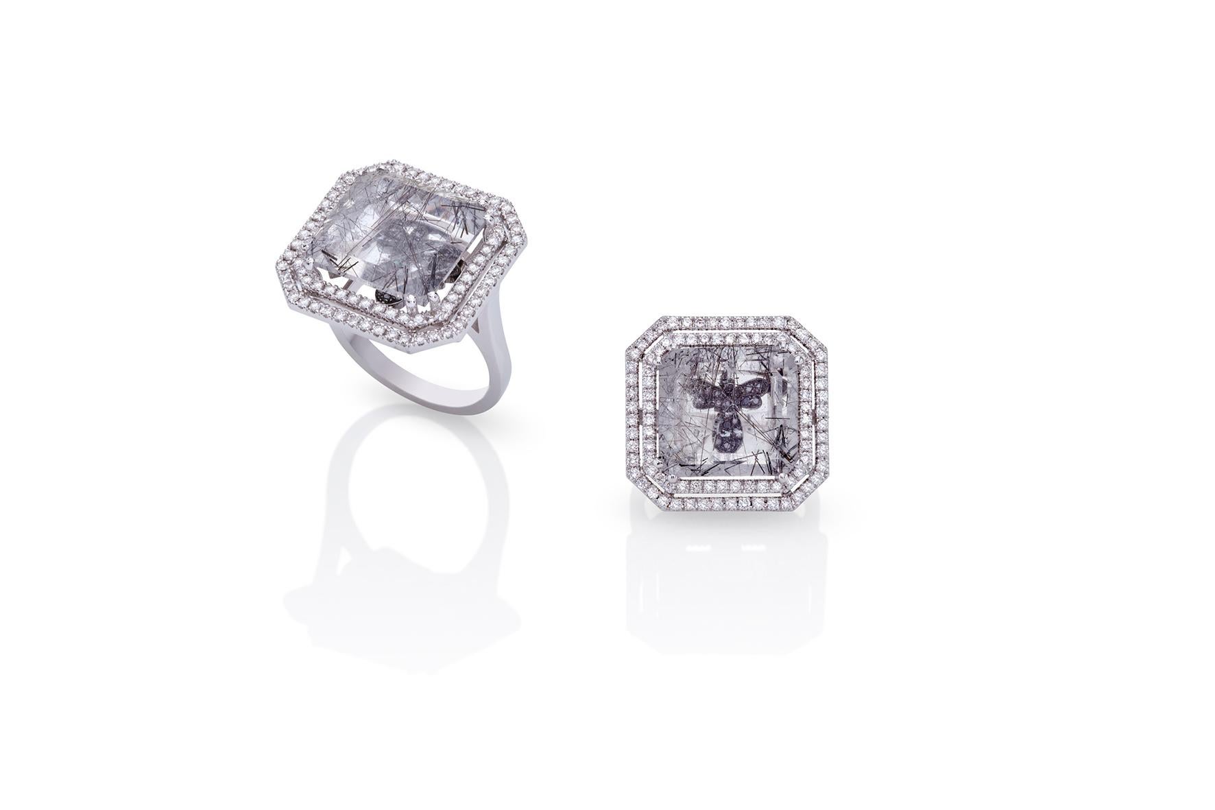 Brilliant Cut Rutilated Quartz Ring 18Kt White Gold with Diamonds Black Diamonds Hidden Angel For Sale