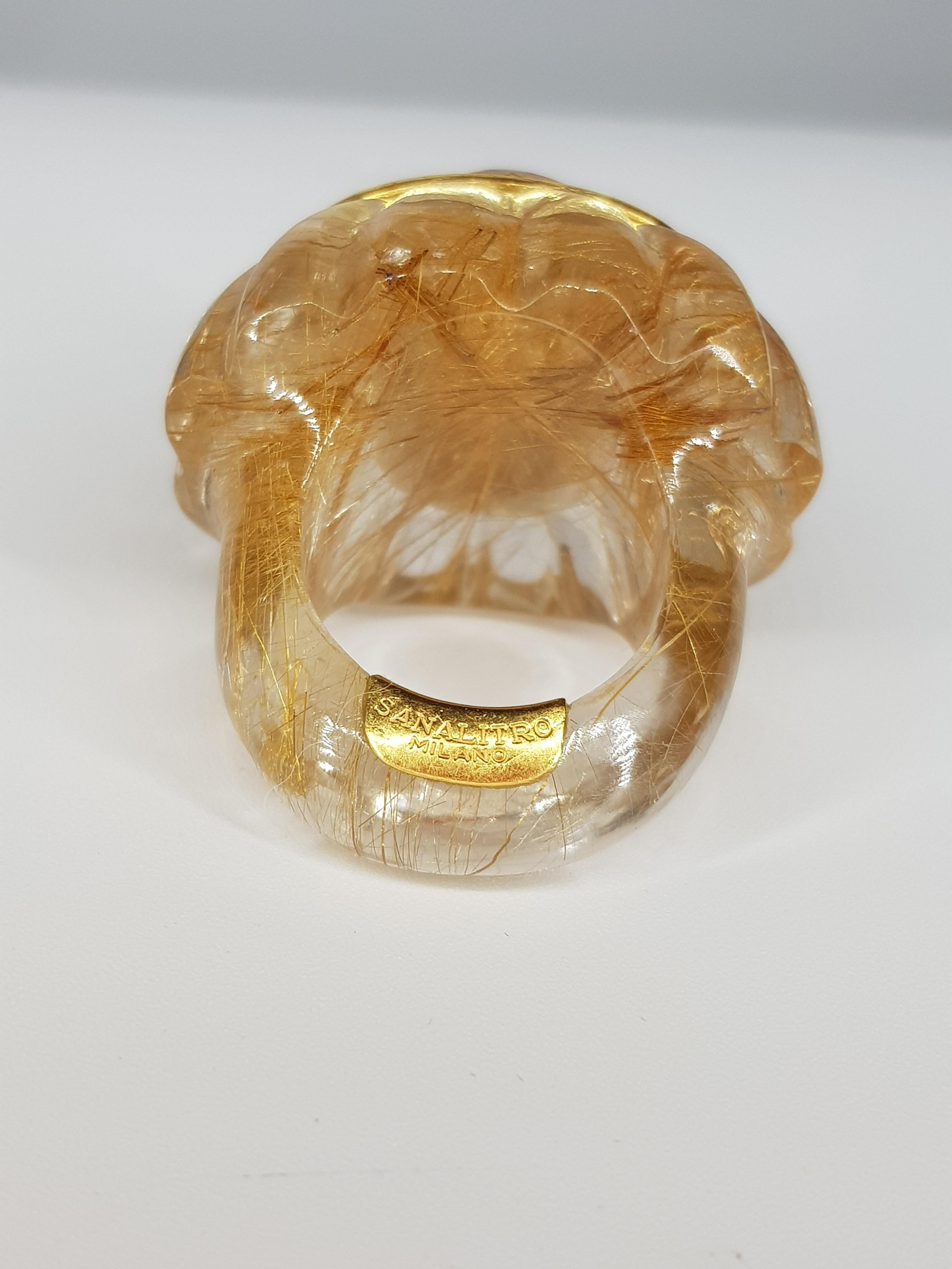 Art Deco Rutilated Quartz Ring with Central Imperial Topaz For Sale