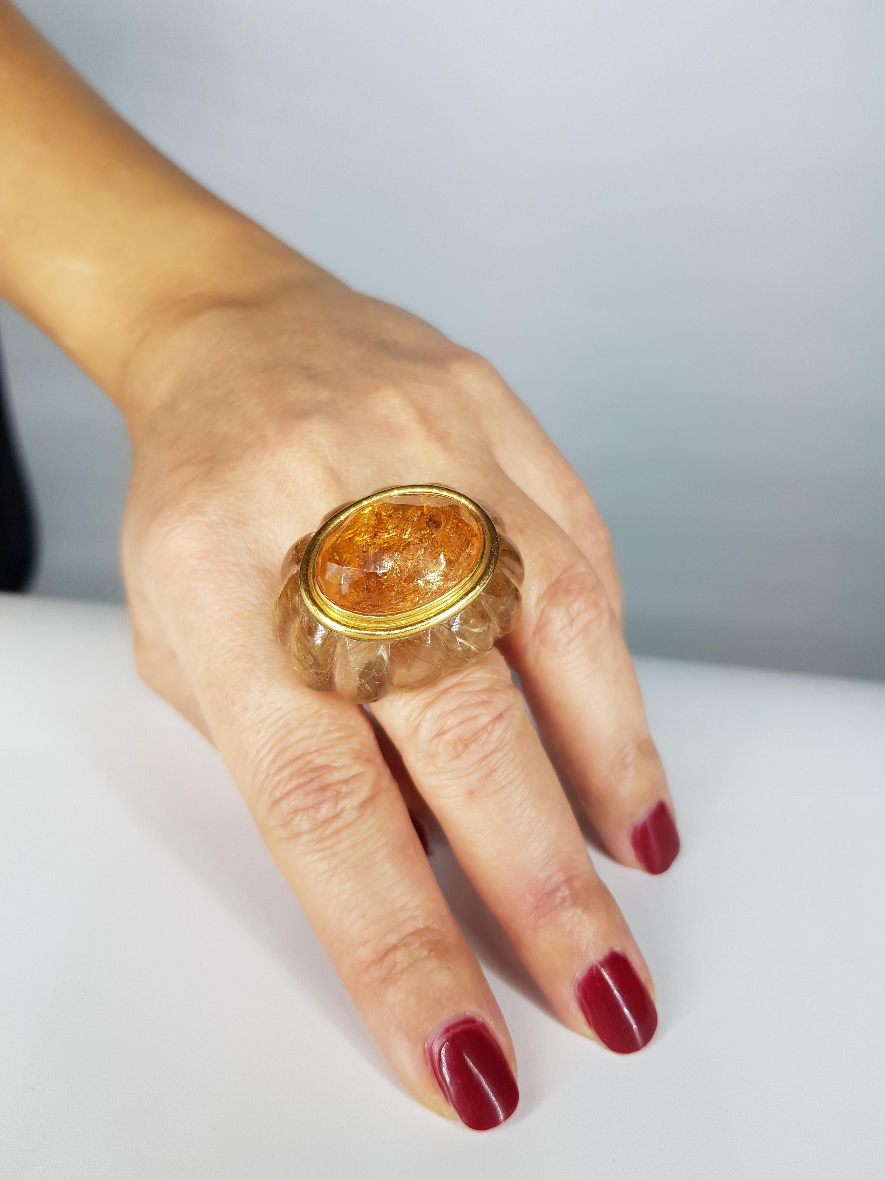 Briolette Cut Rutilated Quartz Ring with Central Imperial Topaz For Sale
