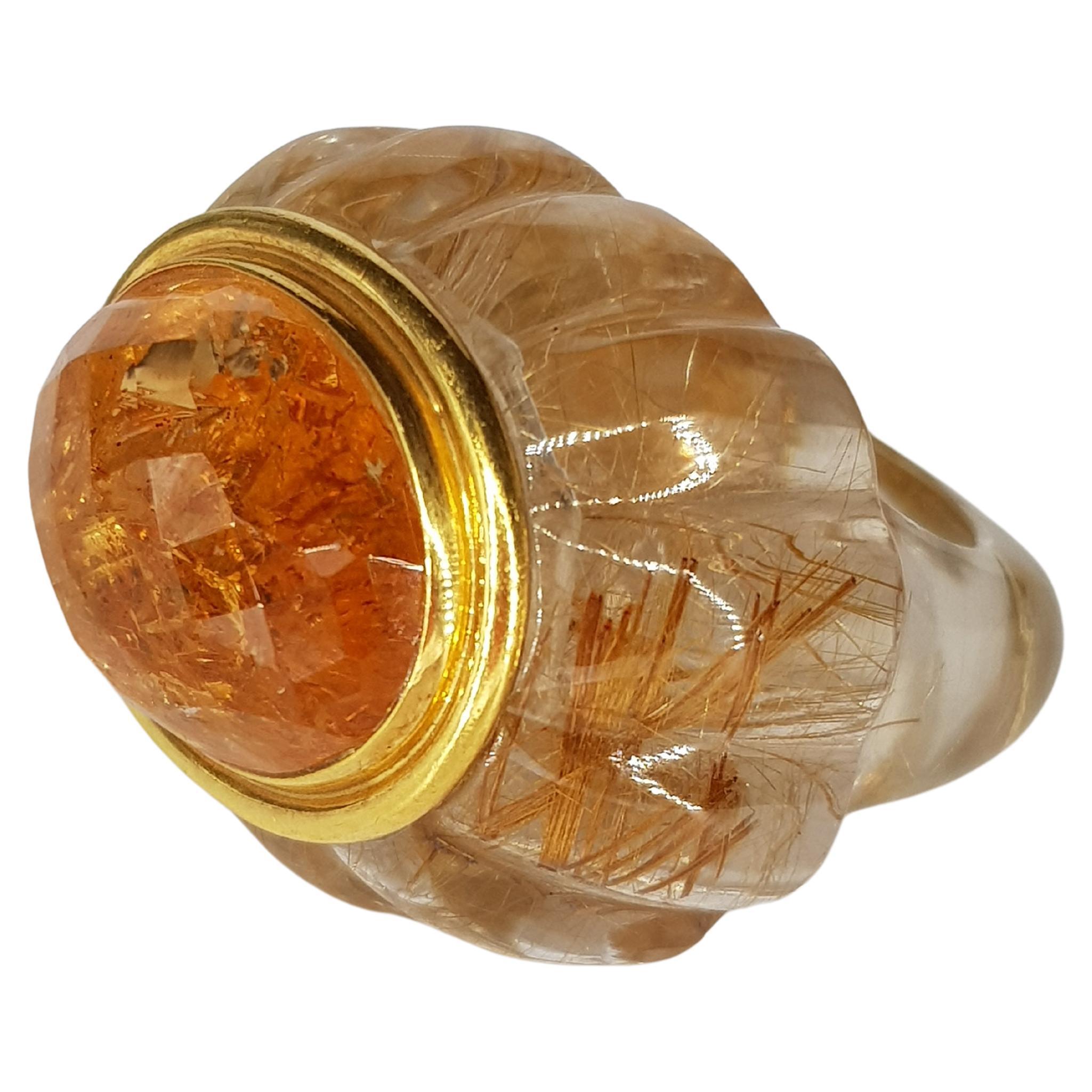 Rutilated Quartz Ring with Central Imperial Topaz For Sale