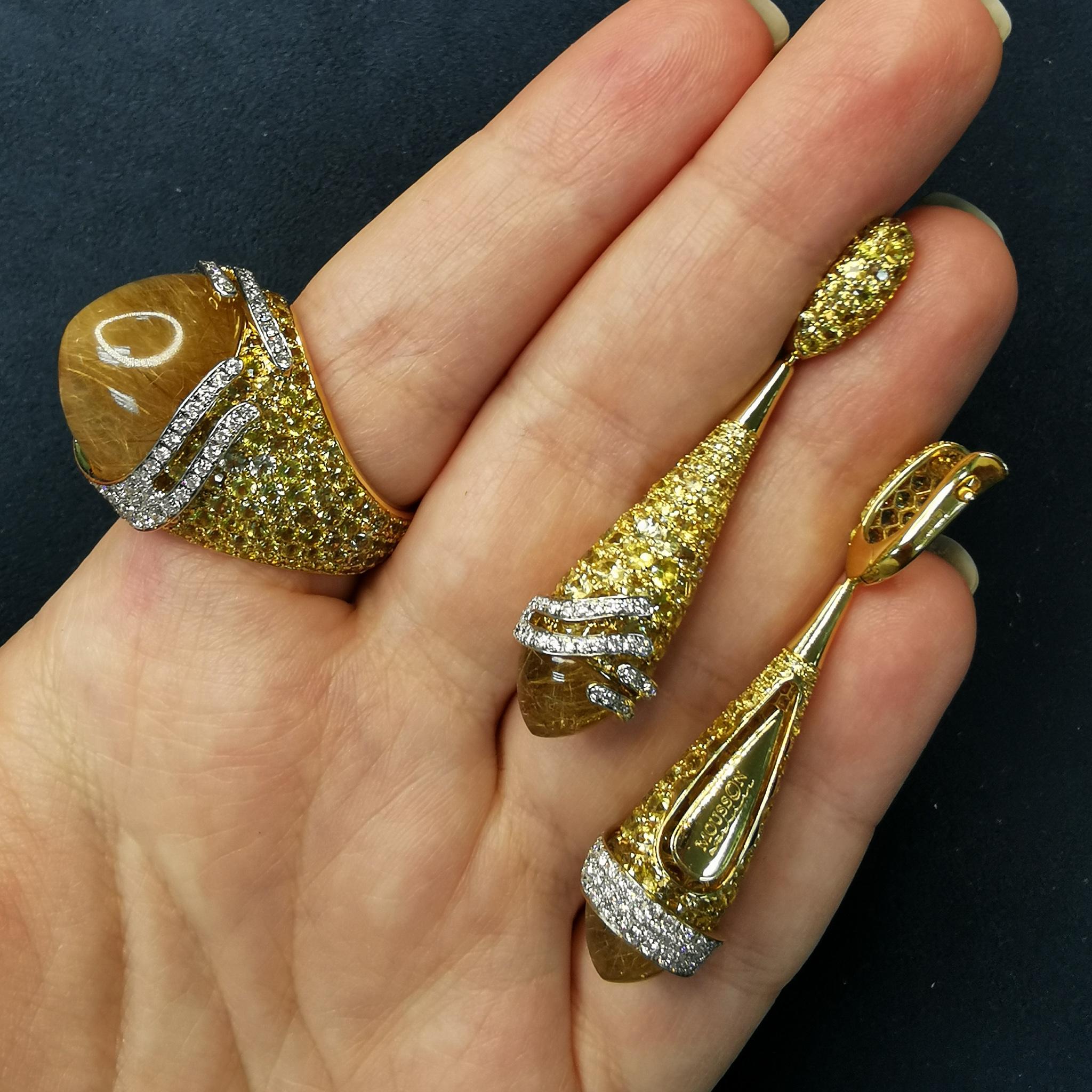 Fuji-Suite mit Rutilquarz, Saphiren und Diamanten, 18 Karat Gelbgold Damen