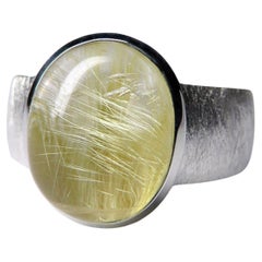 Anello di quarzo rutilato graffiato in argento Cabochon pietra gialla limone regalo lotr art