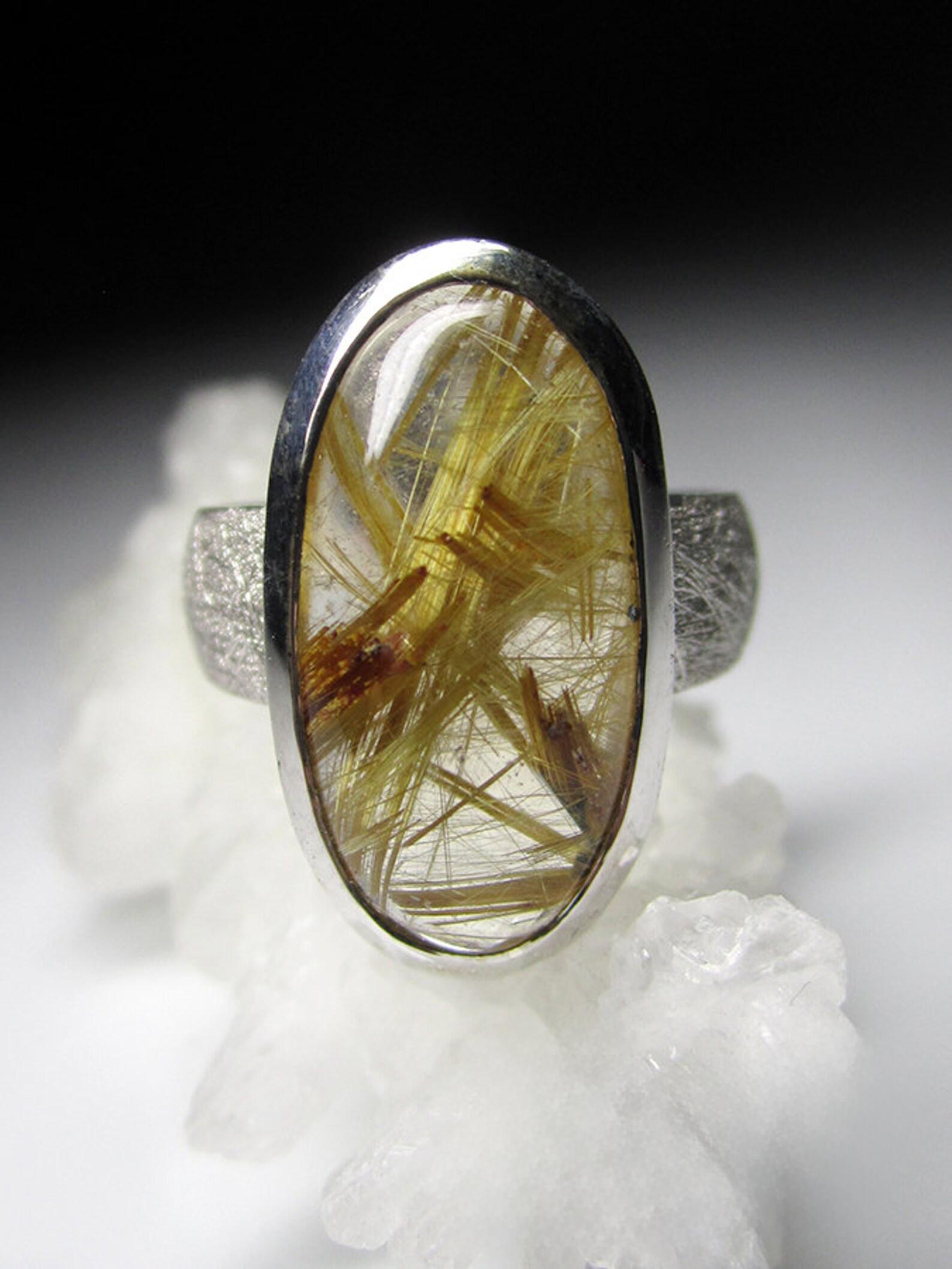 Artist Rutilated Quartz Scratched Silver Ring Venus Hair Golden Yellow Star Gemstone For Sale
