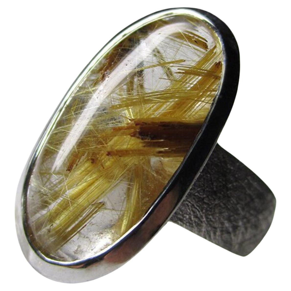 Rutilated Quartz Scratched Silver Ring Venus Hair Golden Yellow Star Gemstone For Sale