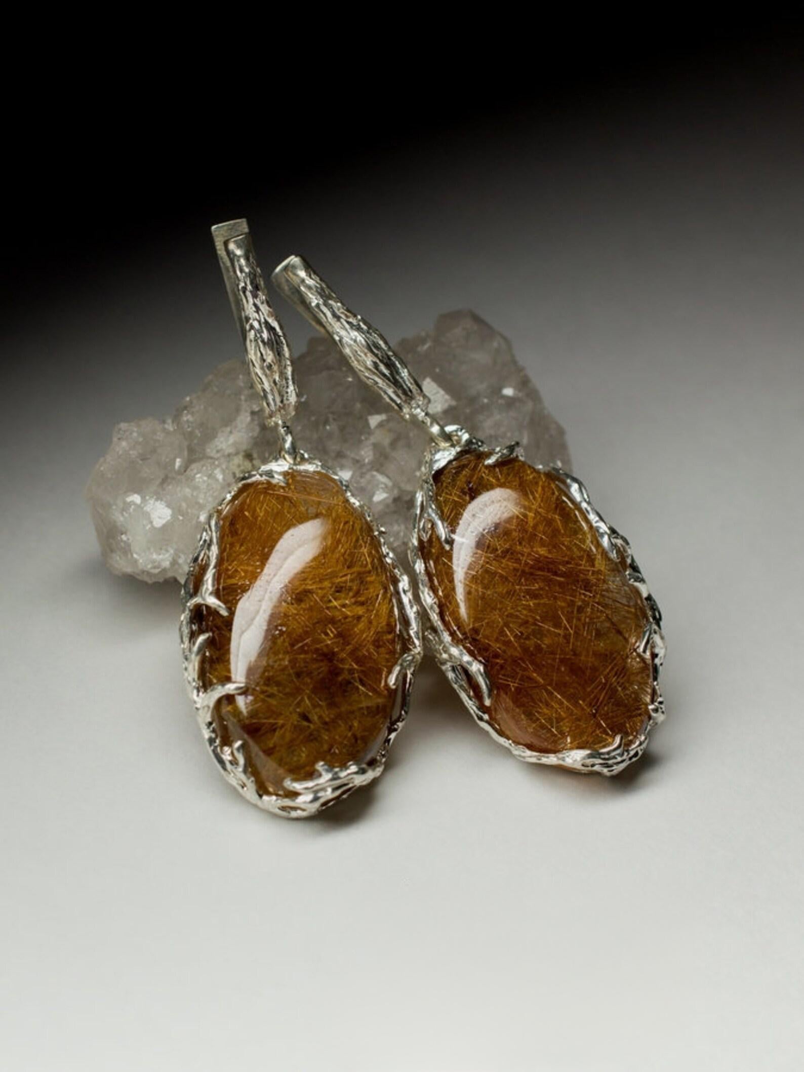 Rutilated Quartz Silver Earrings Natural Gold Gemstone Unisex Jewelry In New Condition For Sale In Berlin, DE