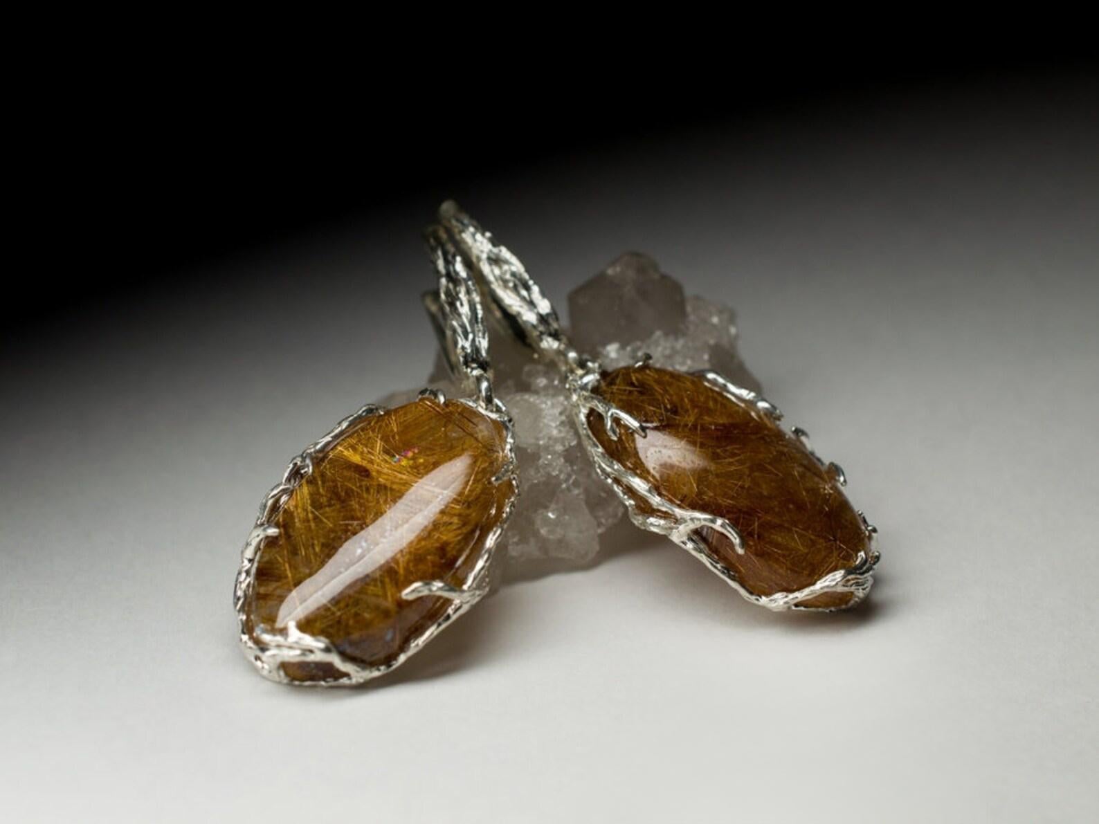 Rutilated Quartz Silver Earrings Natural Gold Gemstone Unisex Jewelry For Sale 1