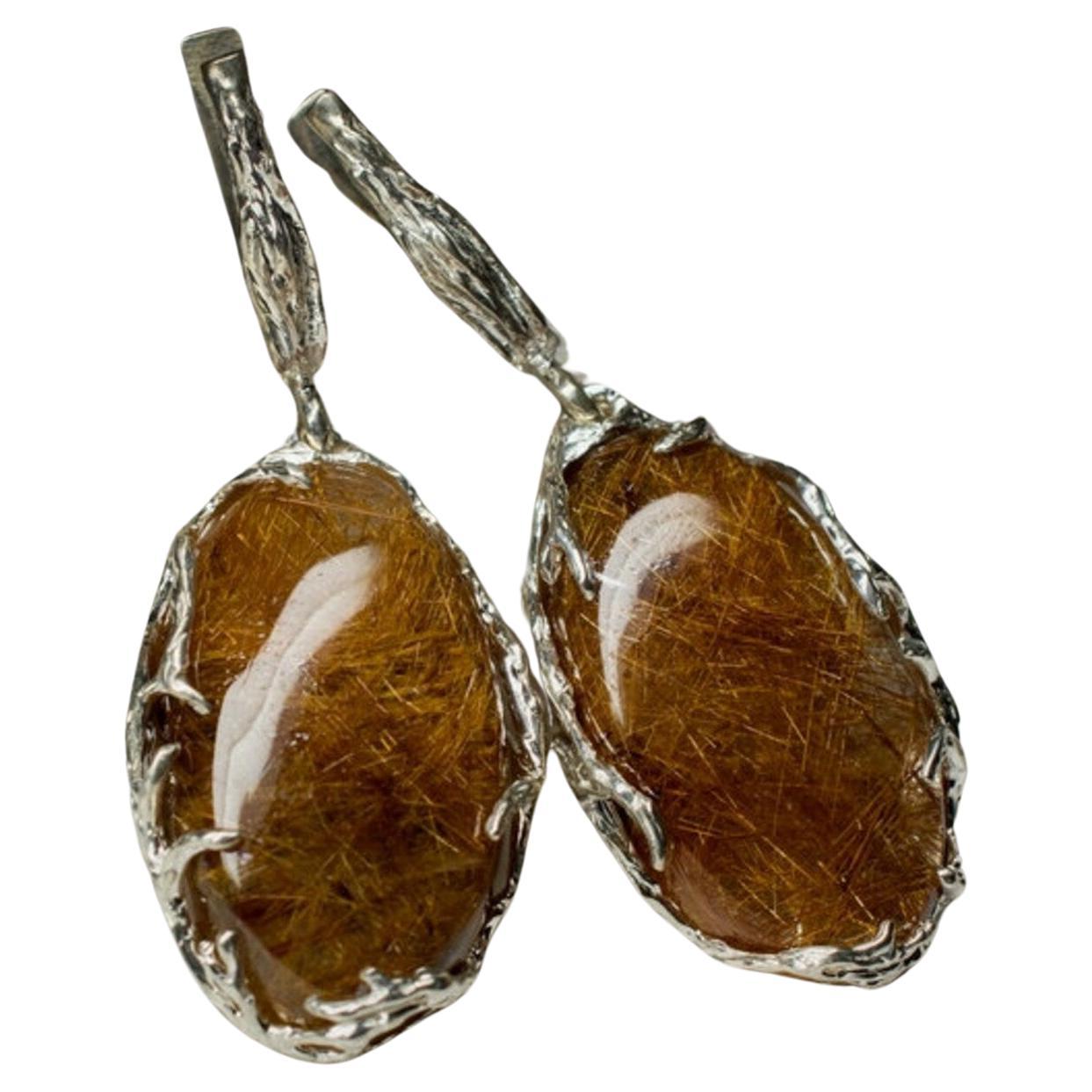 Rutilated Quartz Silver Earrings Natural Gold Gemstone Unisex Jewelry For Sale