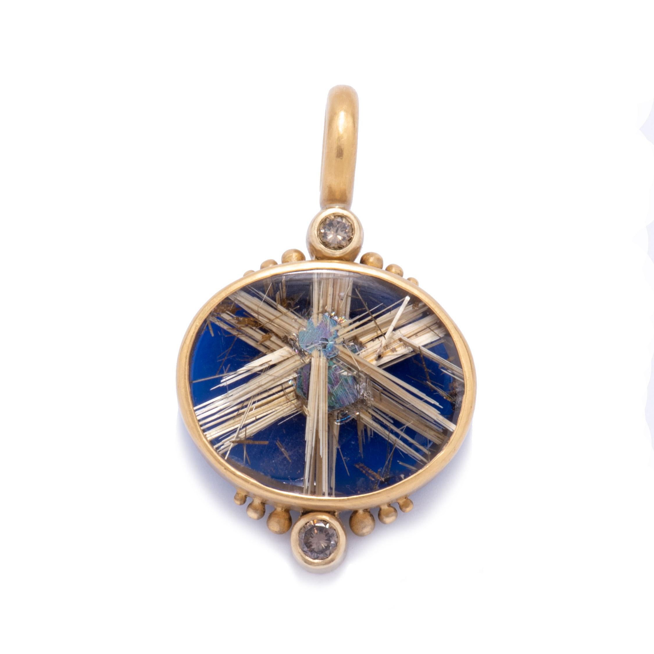 Contemporary Rutilated Quartz Starburst Pendant in 18 and 22 Karat Gold For Sale