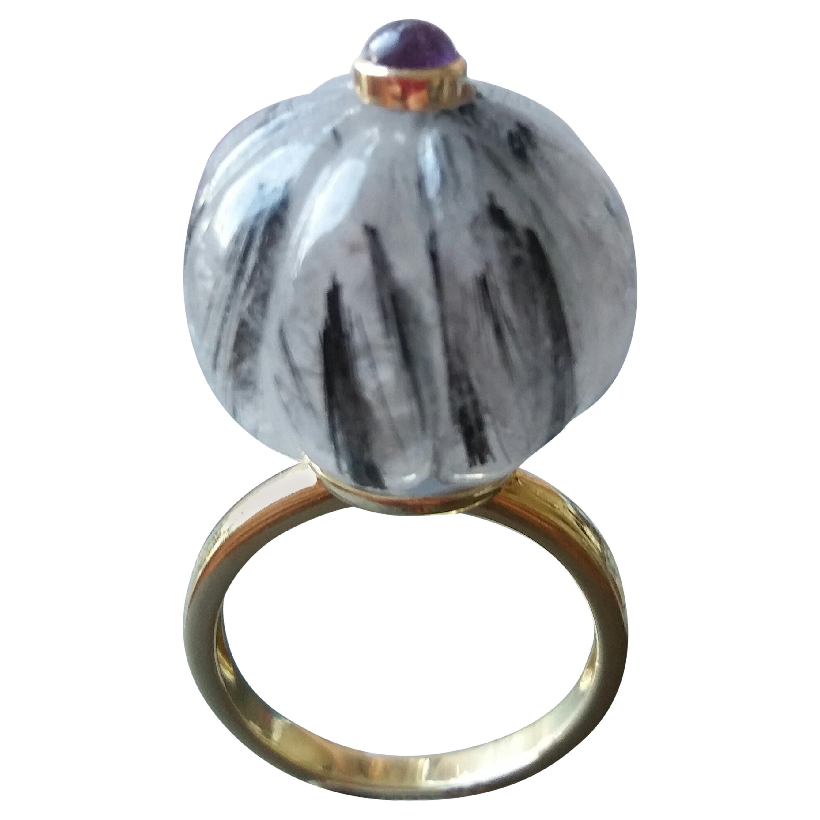 Rutilquarz Turban Mode Ring Amethyst Cabochon 14 Karat Gelbgold