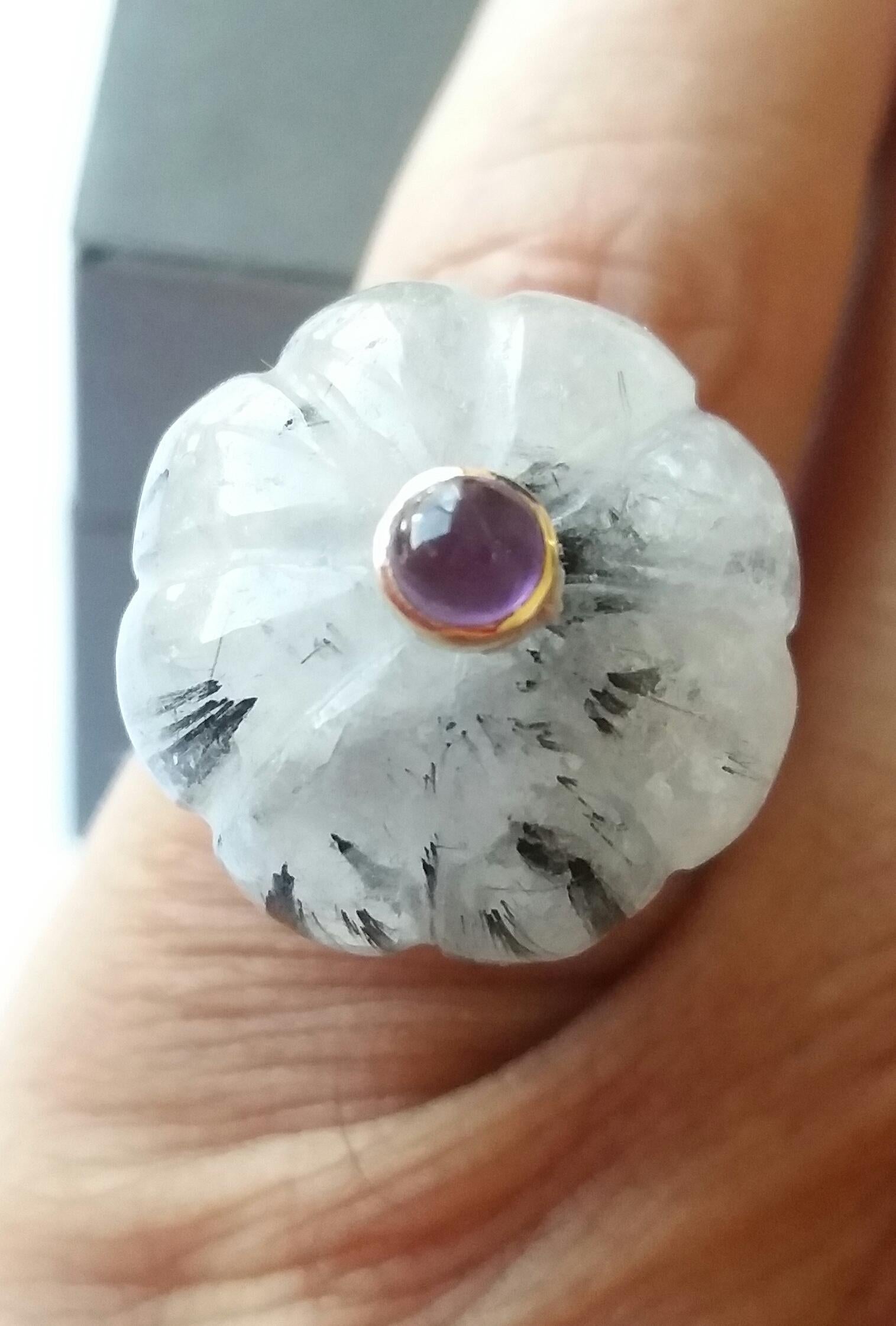 Rutilated Quartz Turban Fashion Ring Amethyst Cabochon 14 Karat Yellow Gold For Sale 3