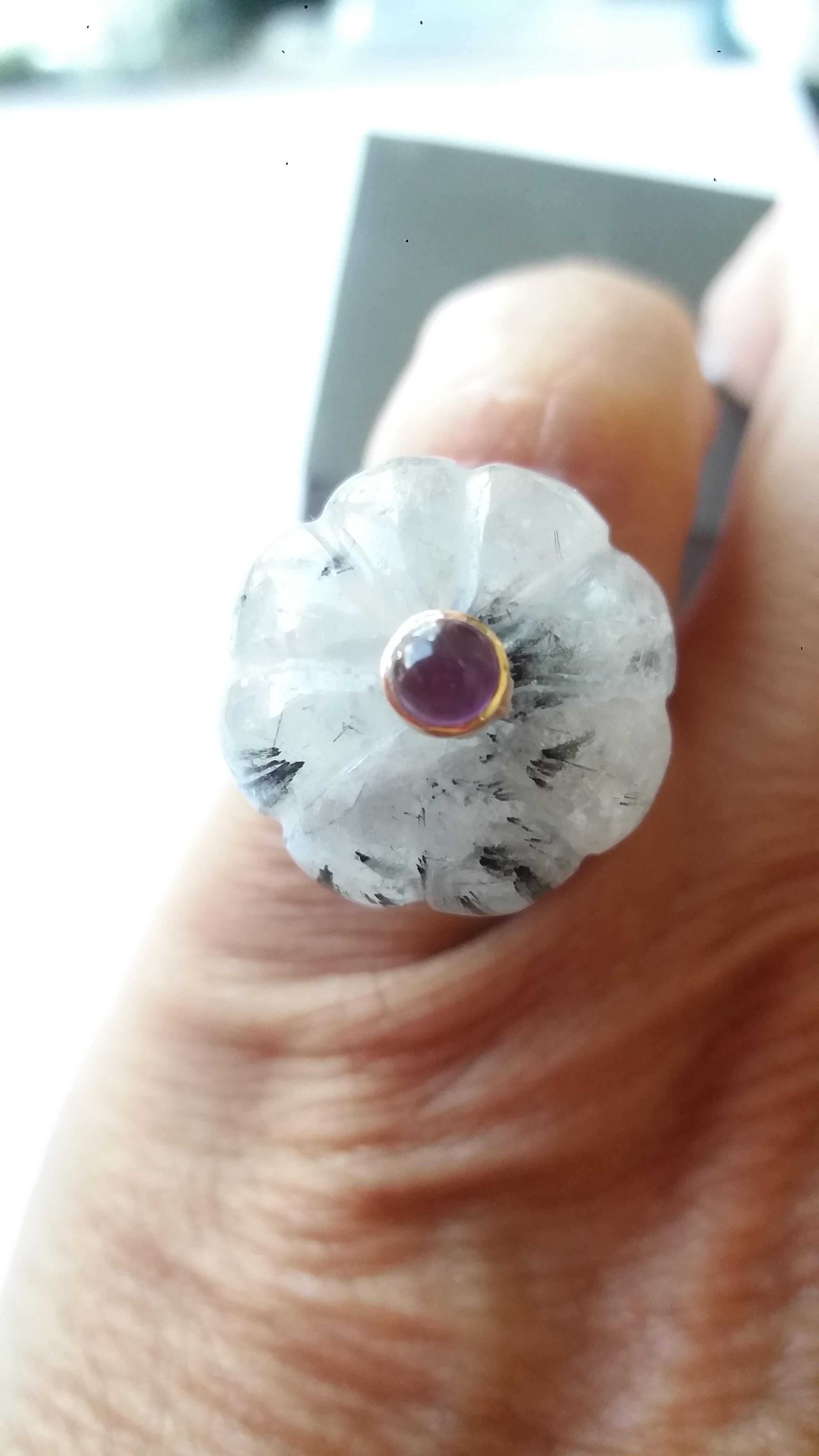 Rutilated Quartz Turban Fashion Ring Amethyst Cabochon 14 Karat Yellow Gold For Sale 4