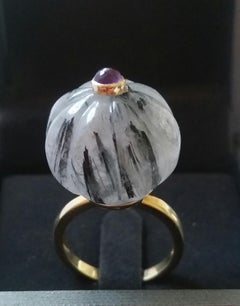 Rutilated Quartz Turban Fashion Ring Amethyst Cabochon 14 Karat Yellow Gold