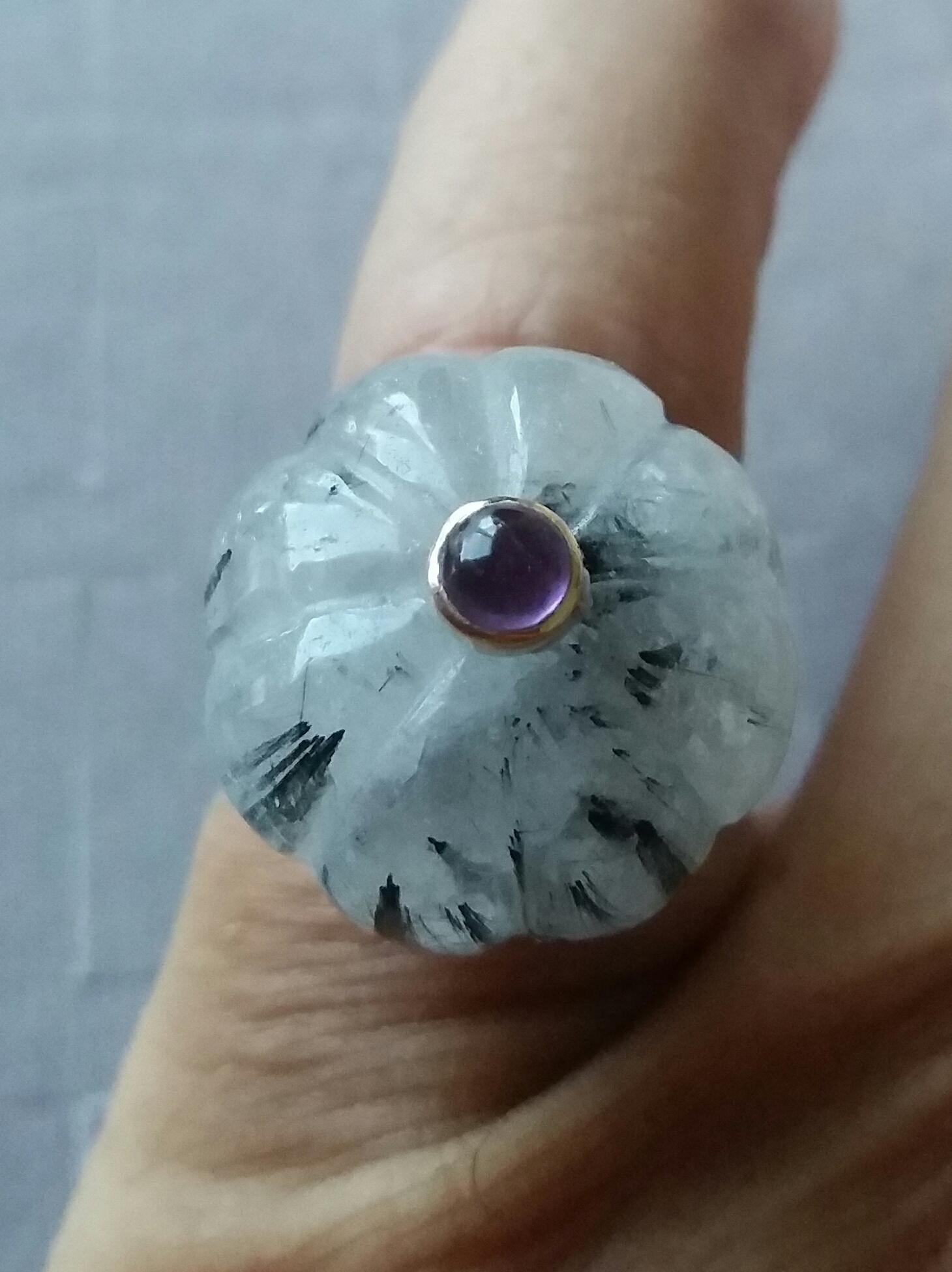 Rutilated Quartz Turban Fashion Ring Amethyst Cabochon 14 Karat Yellow Gold In Good Condition For Sale In Bangkok, TH