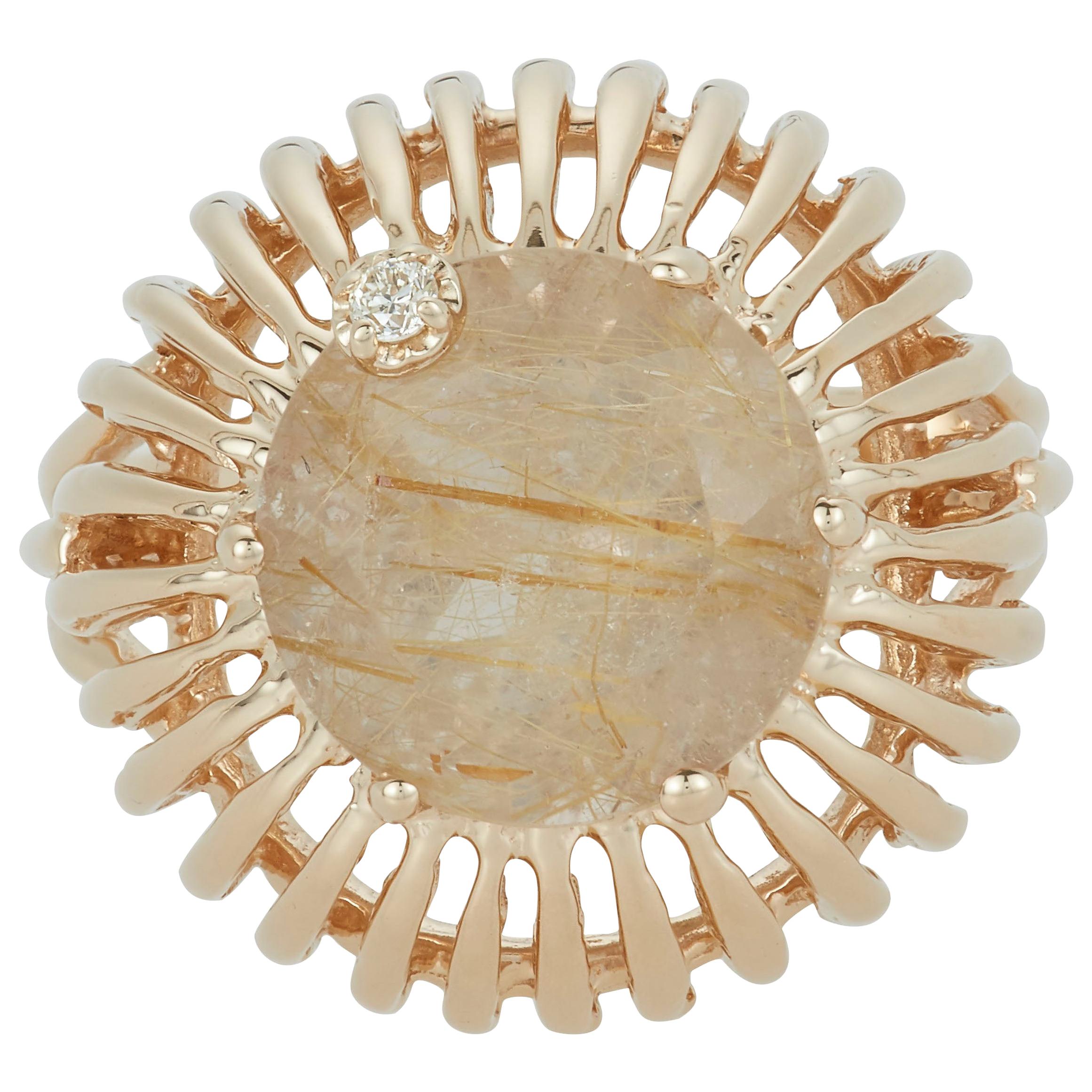 Rutilated Quartz White Diamond Fashion Dome Sunshine Ring 14 Karat Yellow Gold For Sale