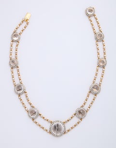 Rutilated Quartz, White Sapphire and Rose Gold Necklace
