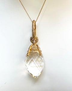 Rutilated Quartz with Brown Diamond Pendant set in 18K Gold Setting