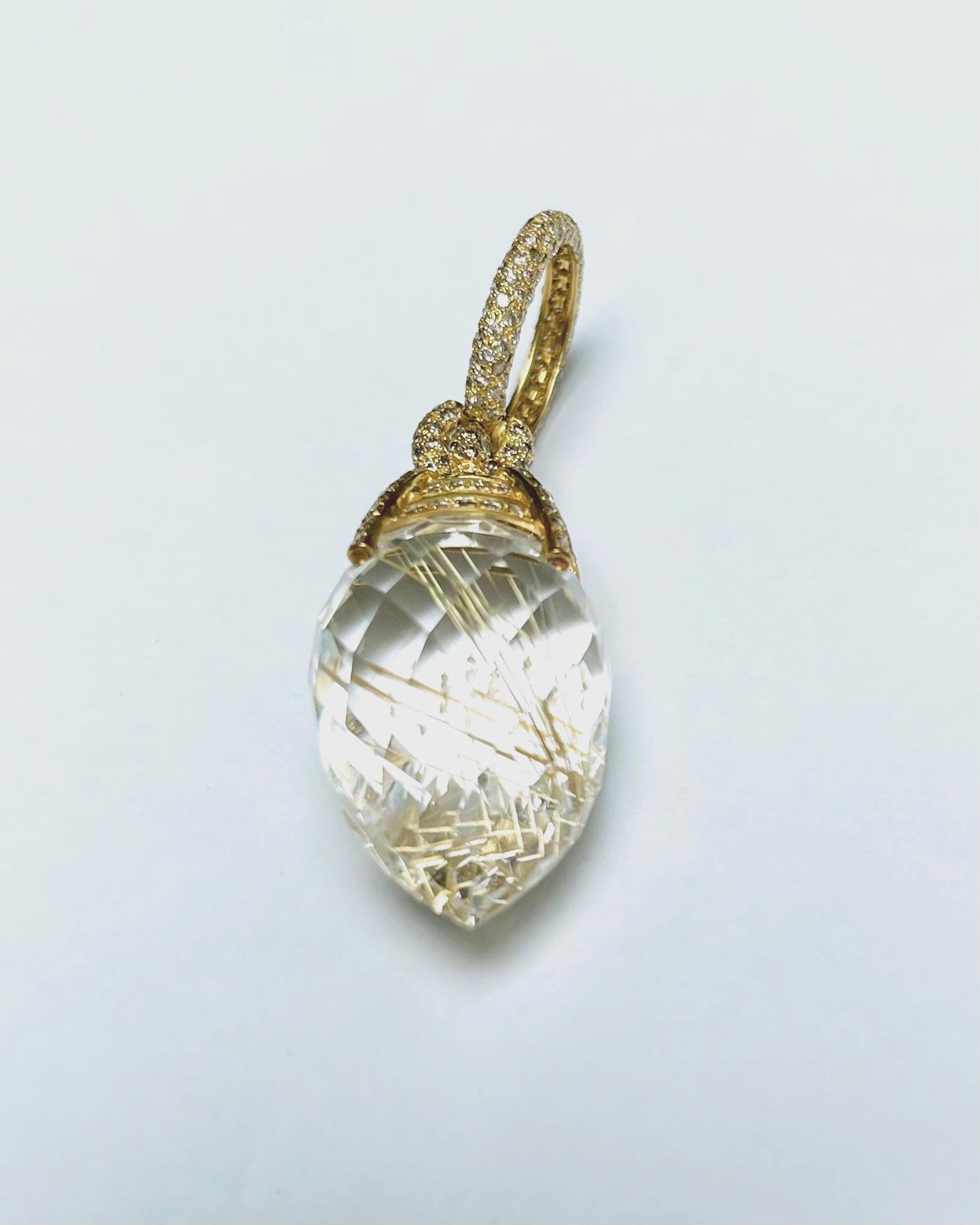 Taille mixte Pendentif en or 18 carats serti de quartz rutile et de diamants Brown en vente