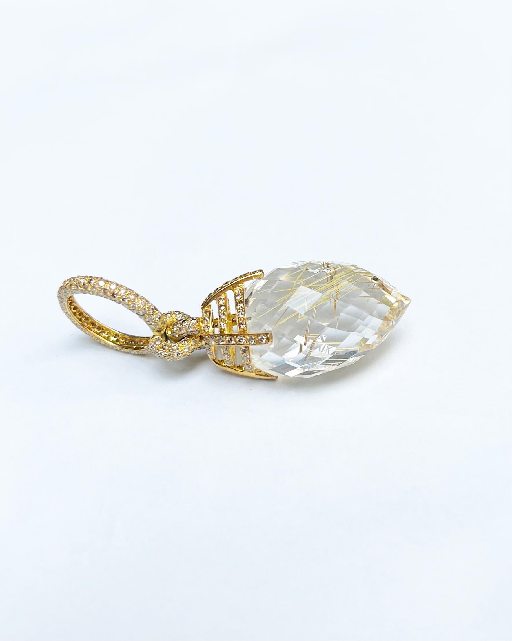 Pendentif en or 18 carats serti de quartz rutile et de diamants Brown en vente 1