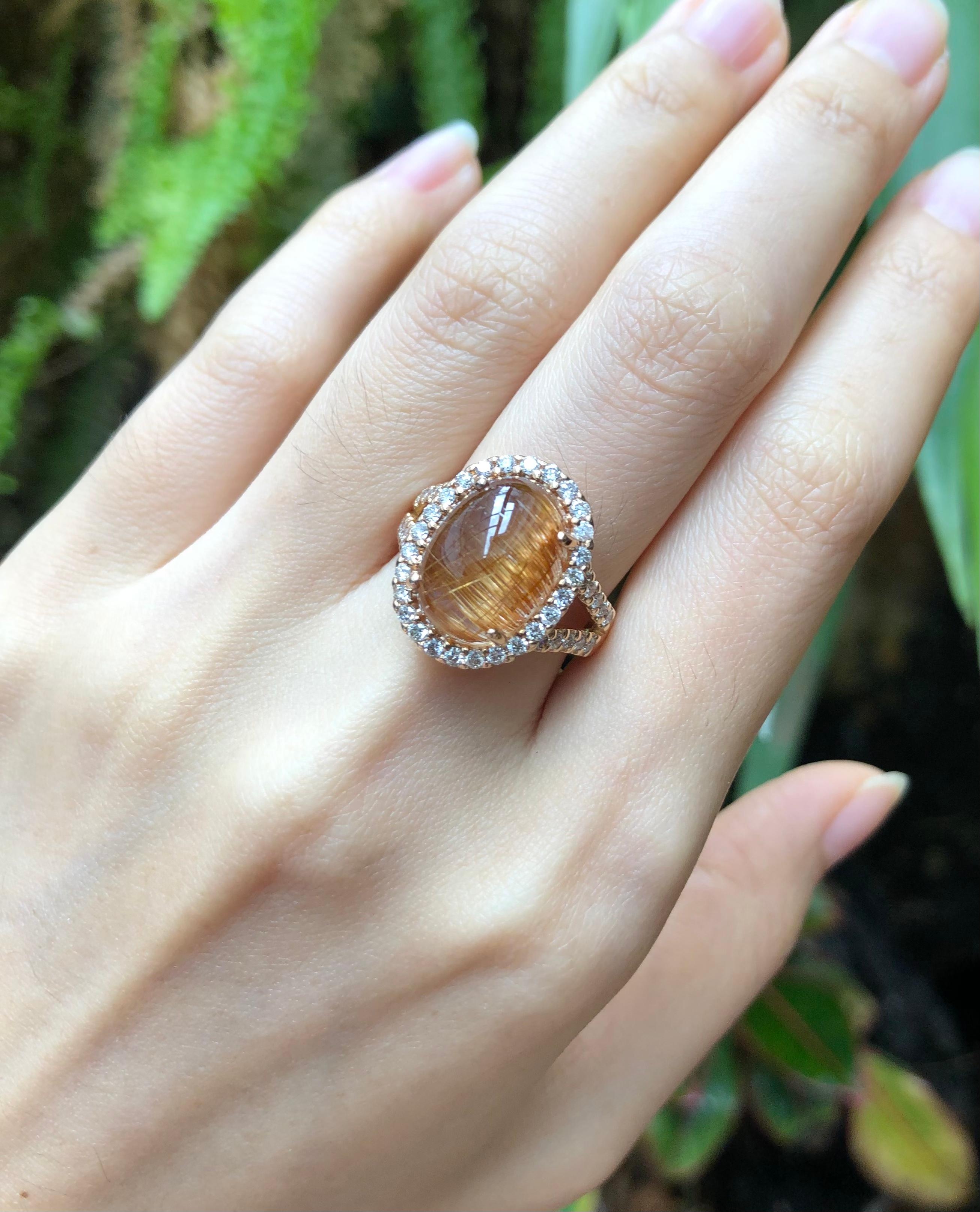 Contemporary Rutilated Quartz with Brown Diamond Ring Set in 18 Karat Rose Gold Settings For Sale