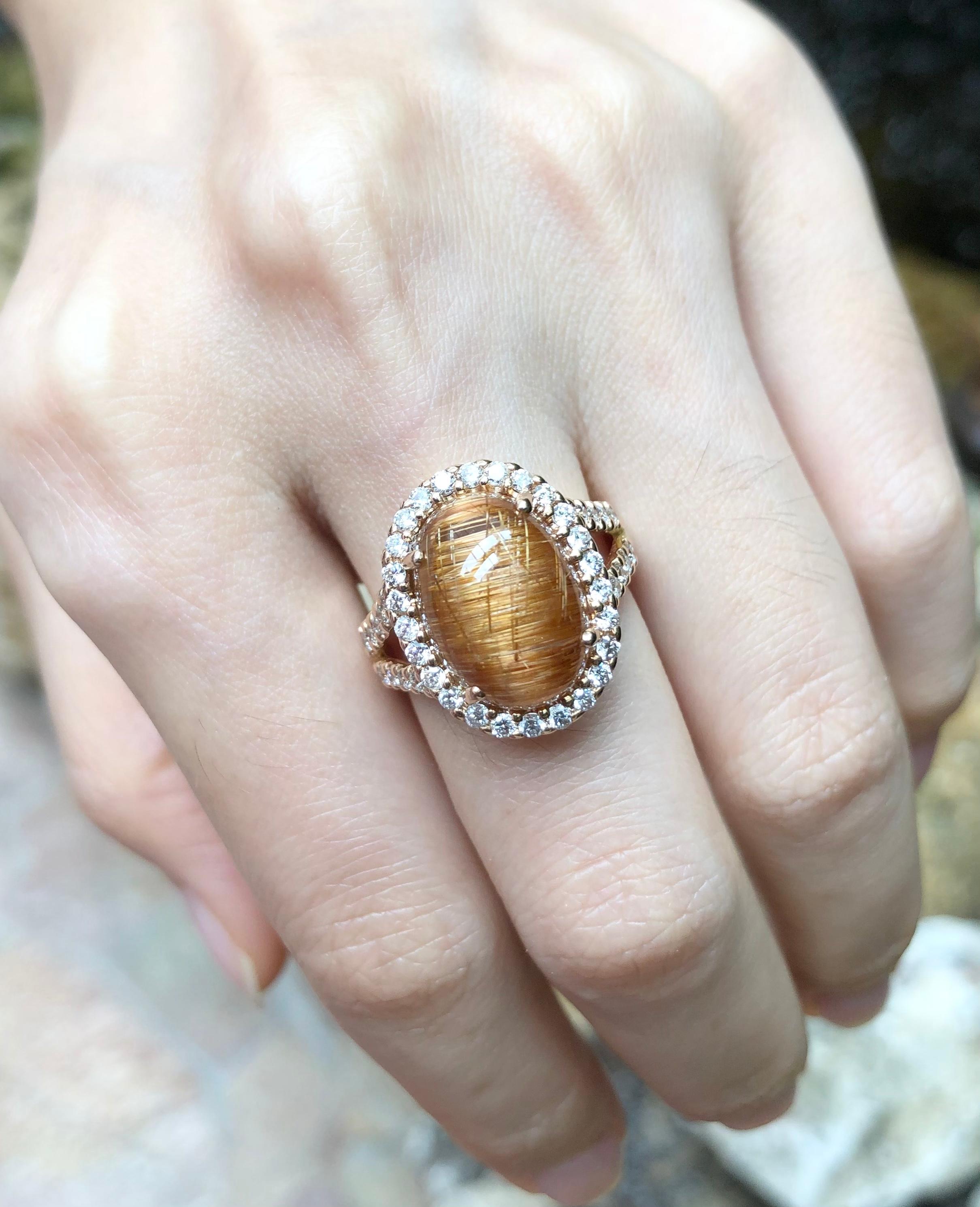 Cabochon Rutilated Quartz with Brown Diamond Ring Set in 18 Karat Rose Gold Settings For Sale