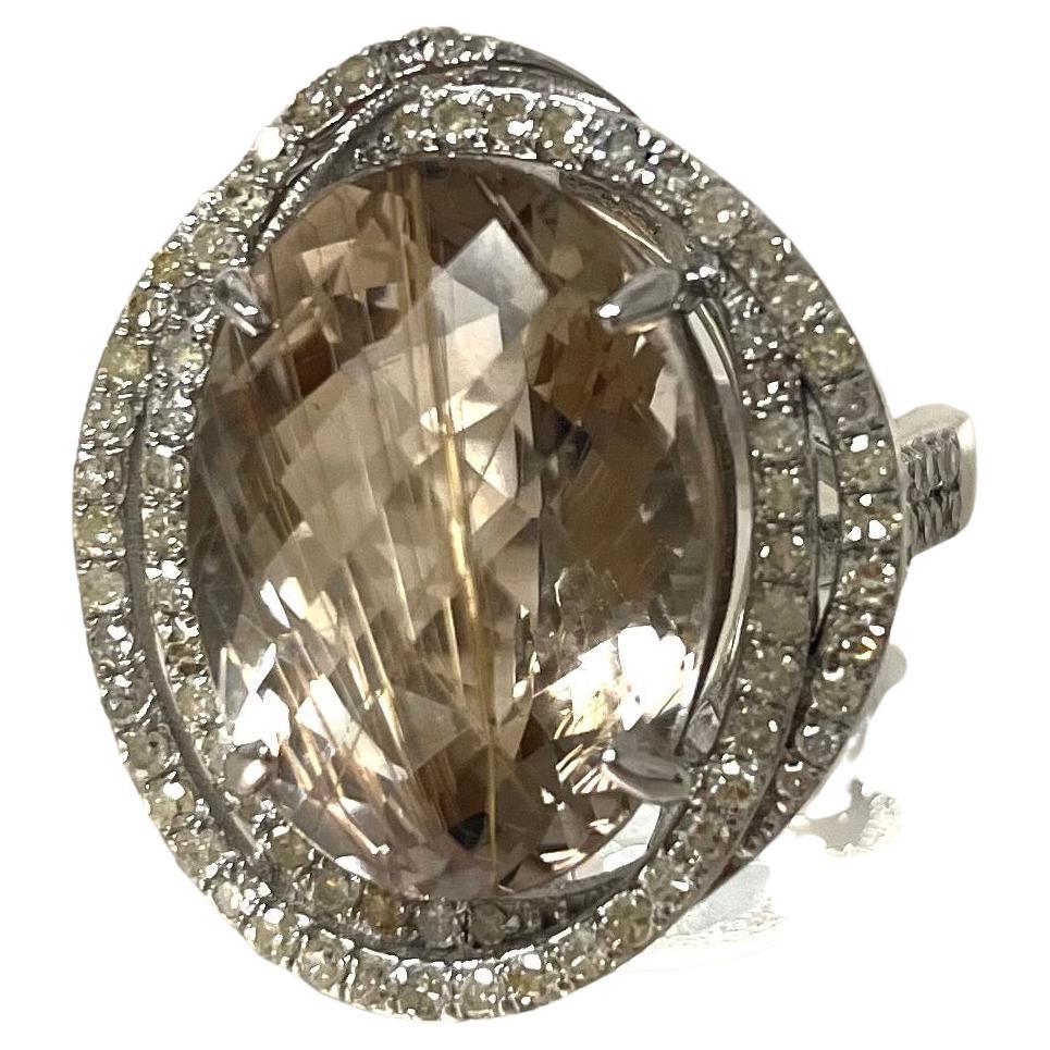 Rutilated Quartz with Pave Diamonds Ring For Sale