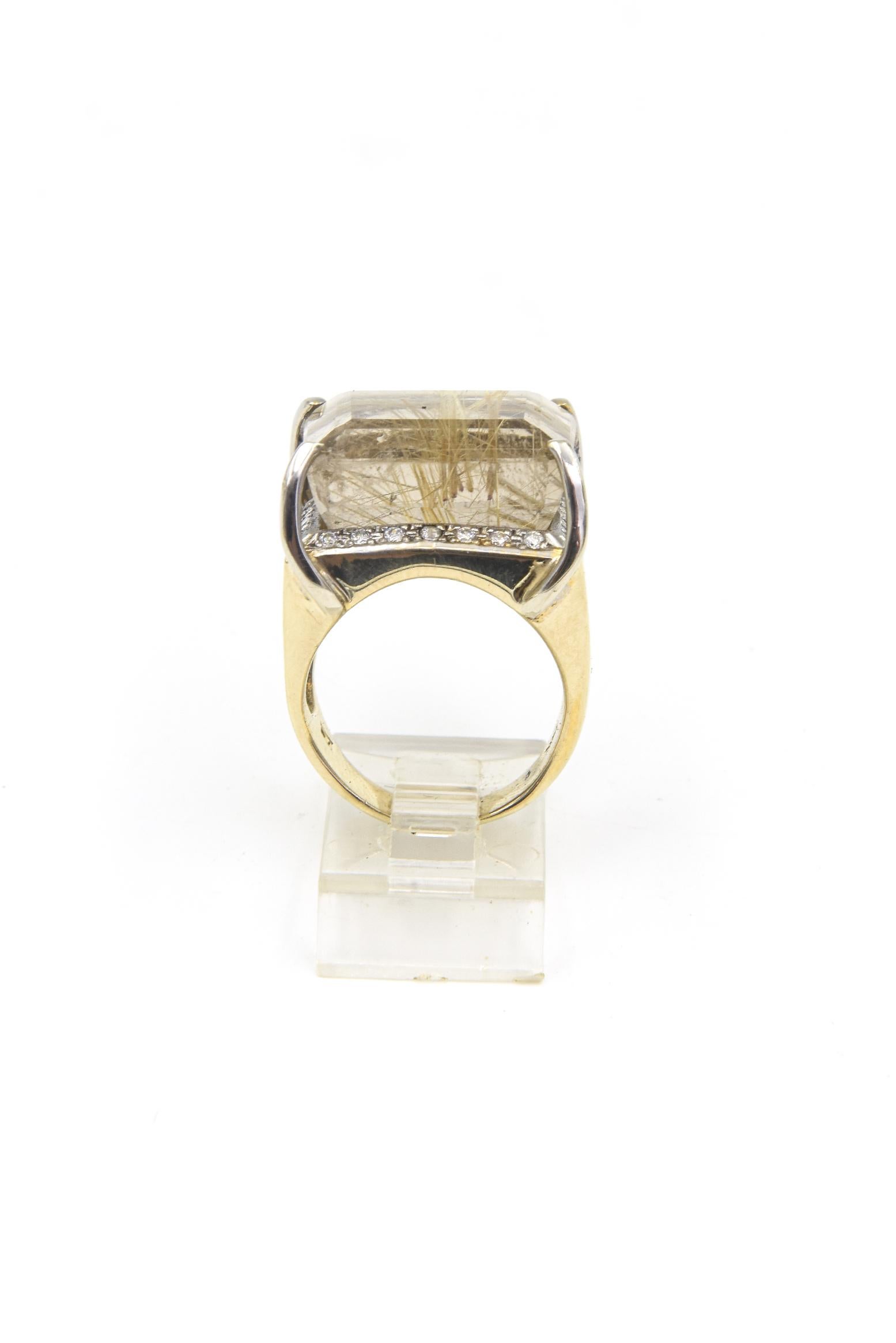 Women's or Men's Rutilated Quartz Yellow 14 Karat Gold Cocktail Ring For Sale