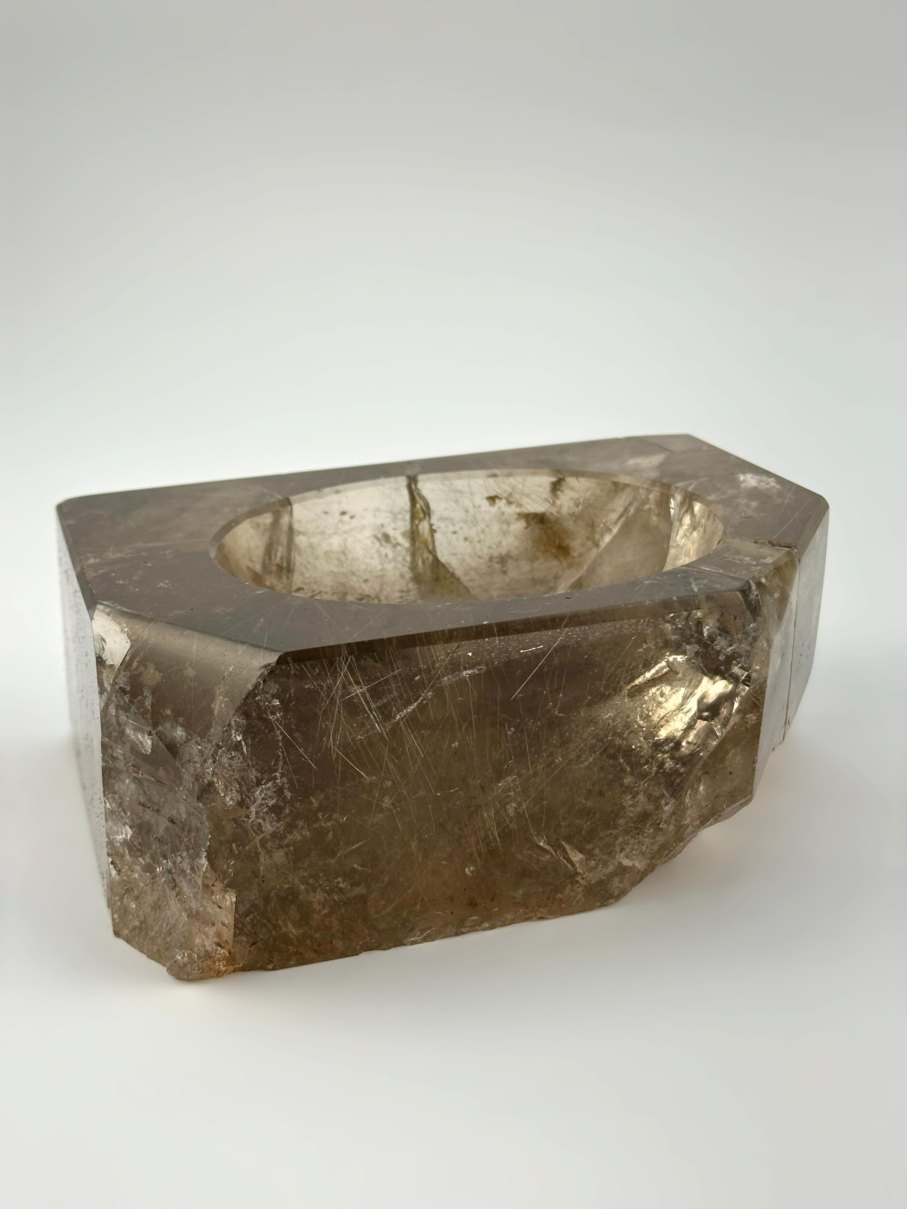 Brazilian Rutilated Smoky Quartz Bowl, Hand-Carved Crystal with Rutile Inclusions, Brazil For Sale