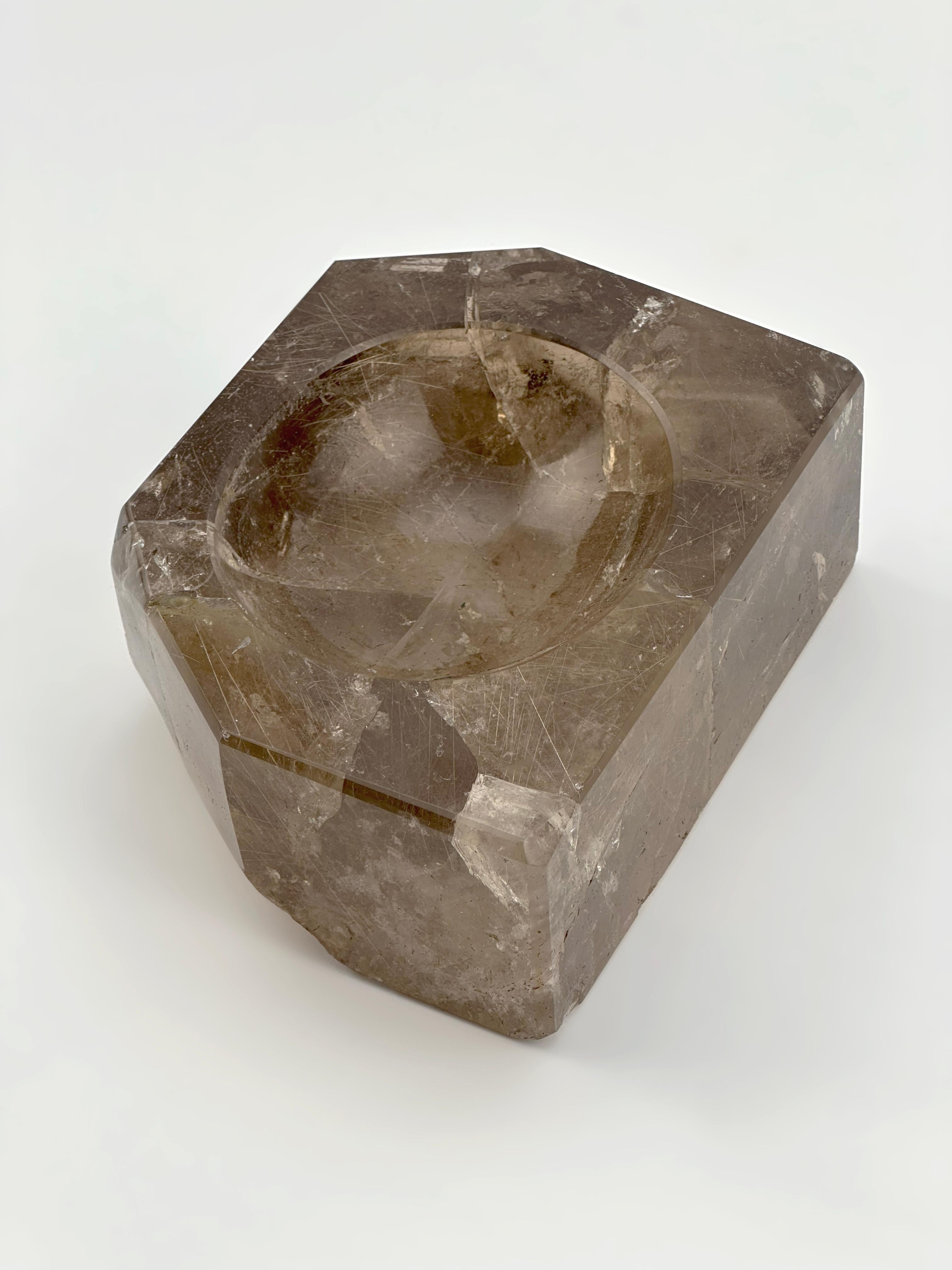 20th Century Rutilated Smoky Quartz Bowl, Hand-Carved Crystal with Rutile Inclusions, Brazil For Sale