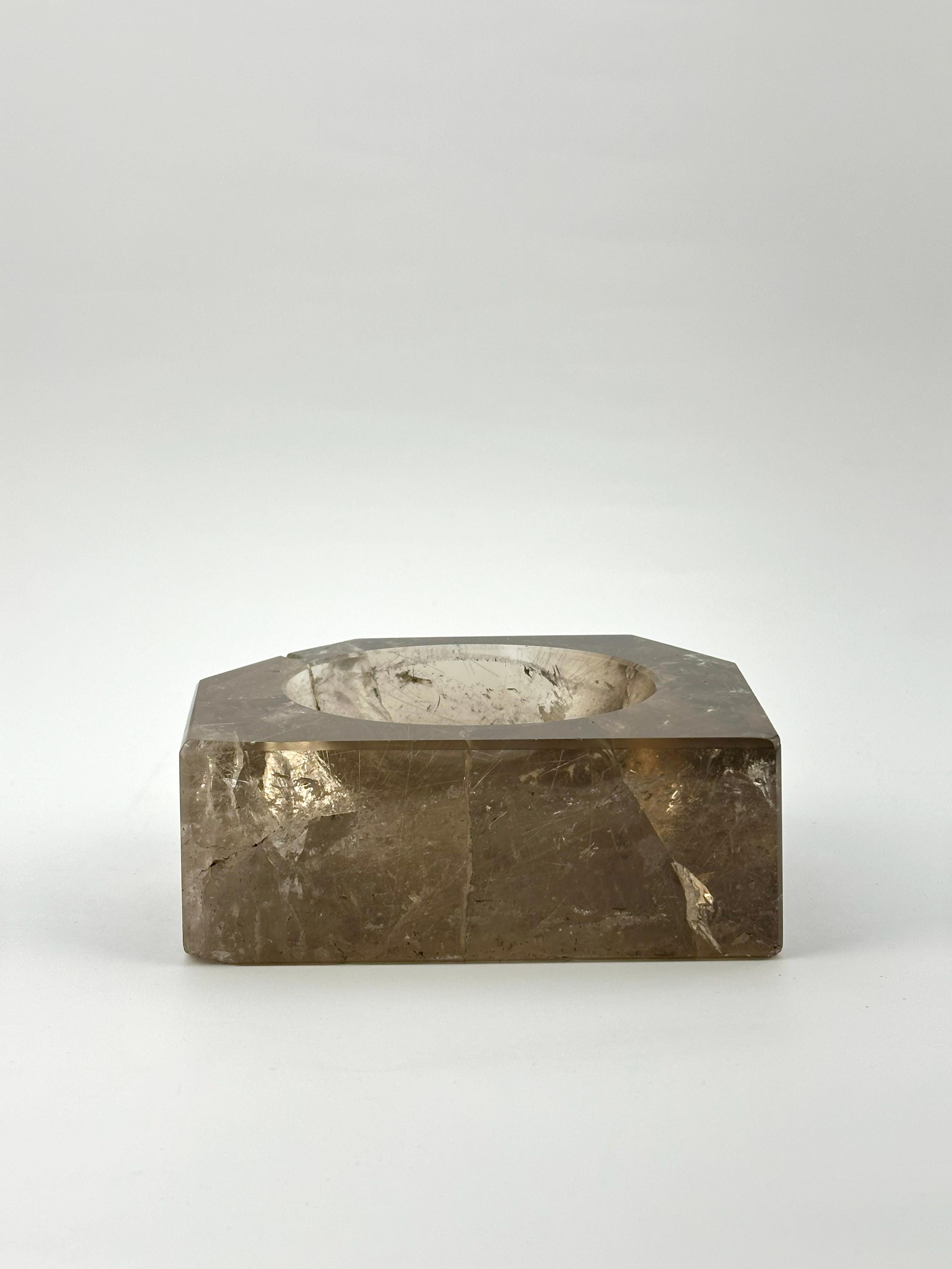 Rutilated Smoky Quartz Bowl, Hand-Carved Crystal with Rutile Inclusions, Brazil For Sale 3