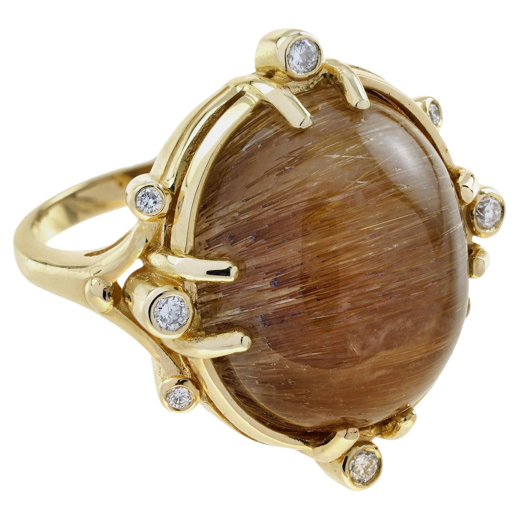 Art Deco 16.70 Ct. Rutilated Quartz and Diamond Vintage Style Cocktail Ring in 18K Gold
