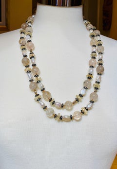 53" Long Rutile Quartz Necklace Citrine Freshwater Pearl Necklace