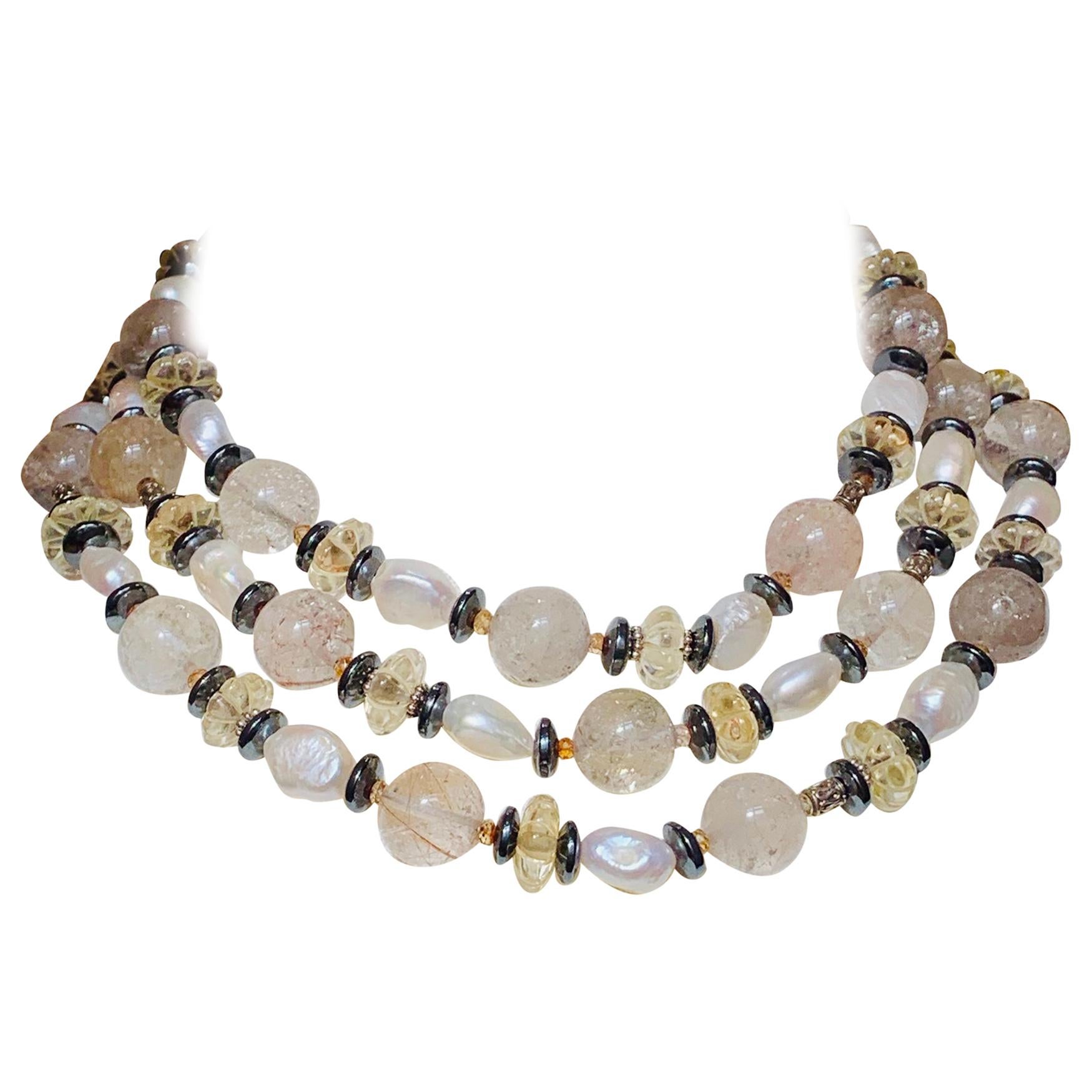 53" Long Rutile Quartz Necklace Citrine Freshwater Pearl Necklace