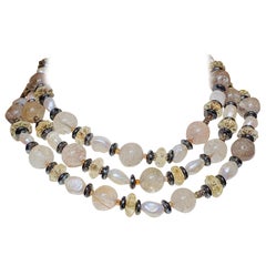 Collier long de 53 pouces de long en quartz rutile, citrine et perle d'eau douce