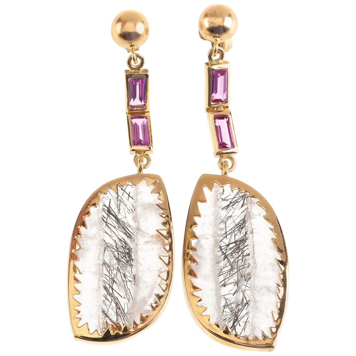Boucles d'oreilles en or 18 carats avec quartz rutile, tourmaline rose et baguette en vente