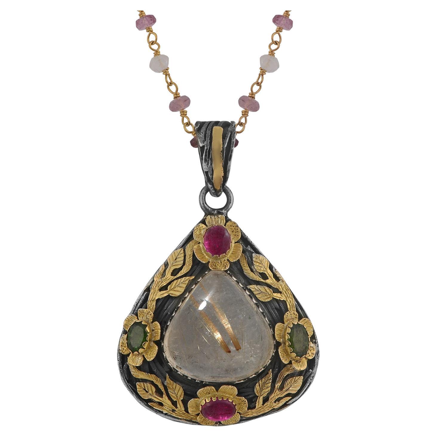 Rutile Tourmaline Hand-Engraved 18k Gold Silver Pendant