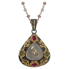 Rutile Tourmaline Hand-Engraved 18k Gold Silver Pendant