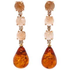 Rutiled Quartz, Brown Diamonds, Amber on Gold 18 Karat Chandelier Earrings